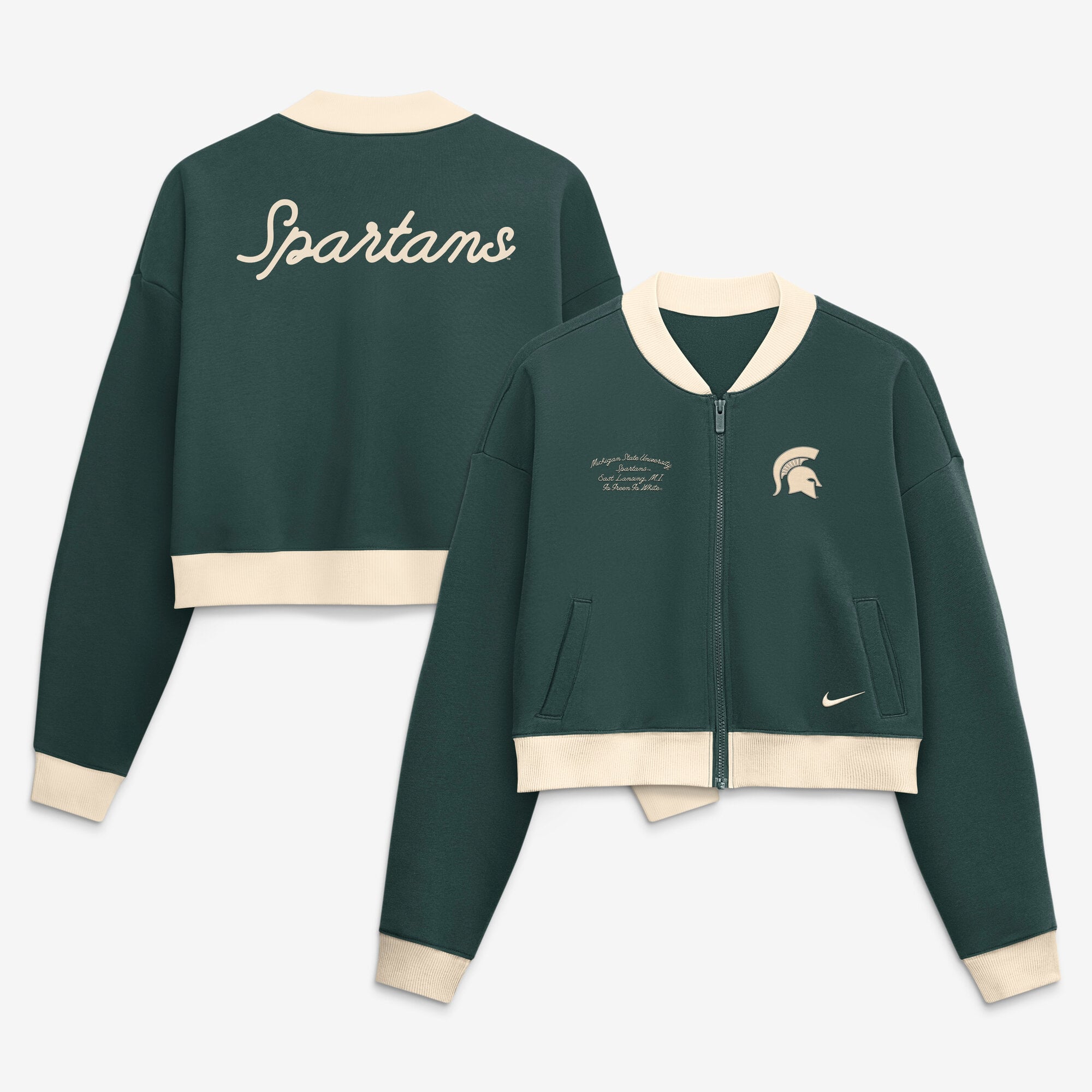Veste bomber Nike verte pour femme, modèle Michigan State Spartans, coupe oversize, courte et zippée, style académique.