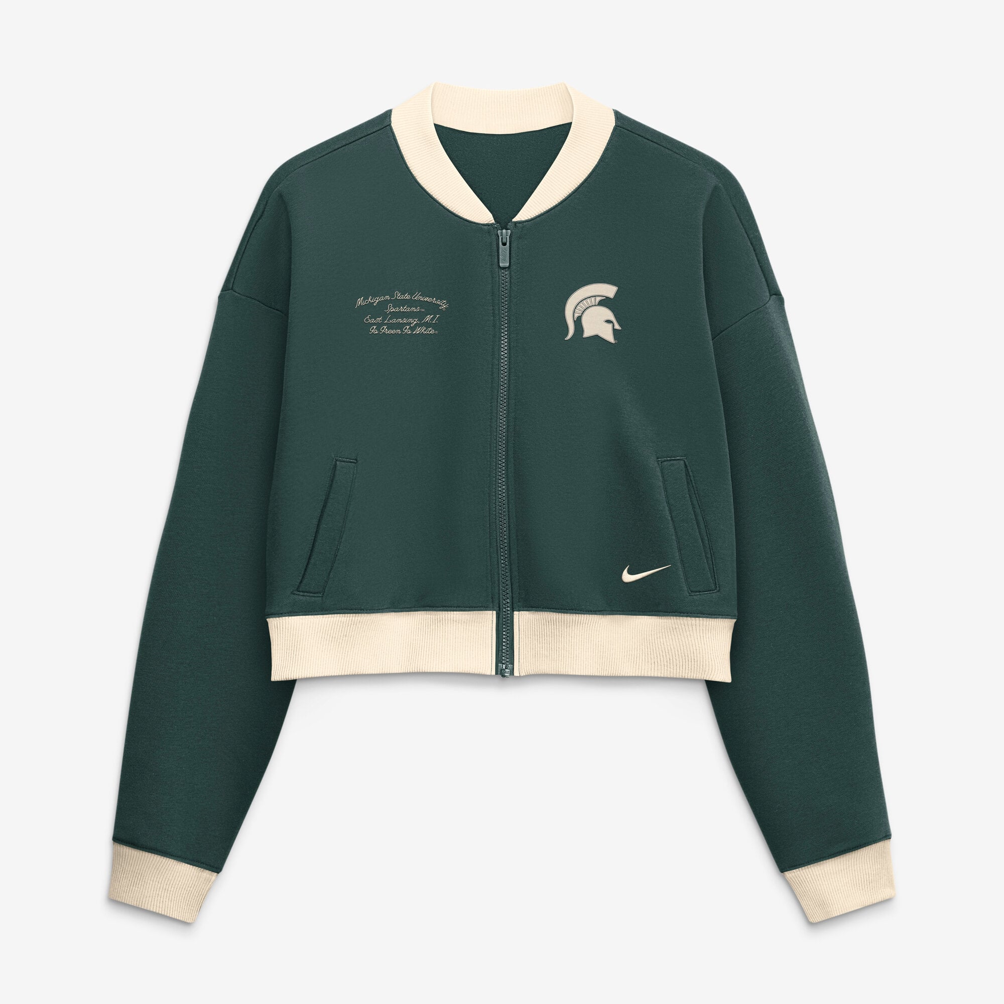 Veste bomber Nike verte pour femme, modèle Michigan State Spartans, coupe oversize, courte et zippée, style académique.