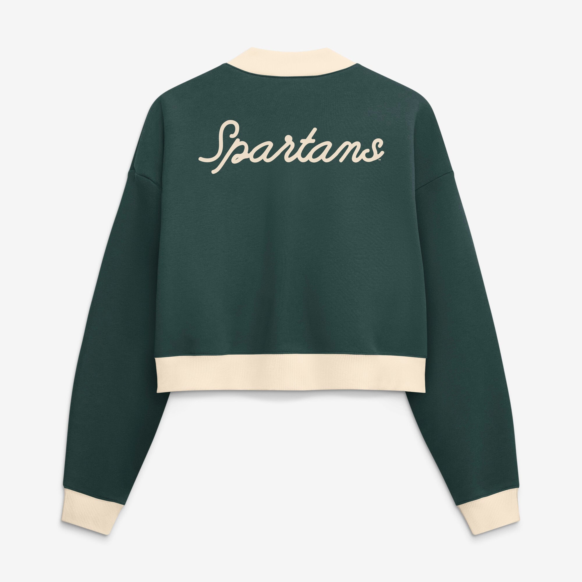 Veste bomber Nike verte pour femme, modèle Michigan State Spartans, coupe oversize, courte et zippée, style académique.