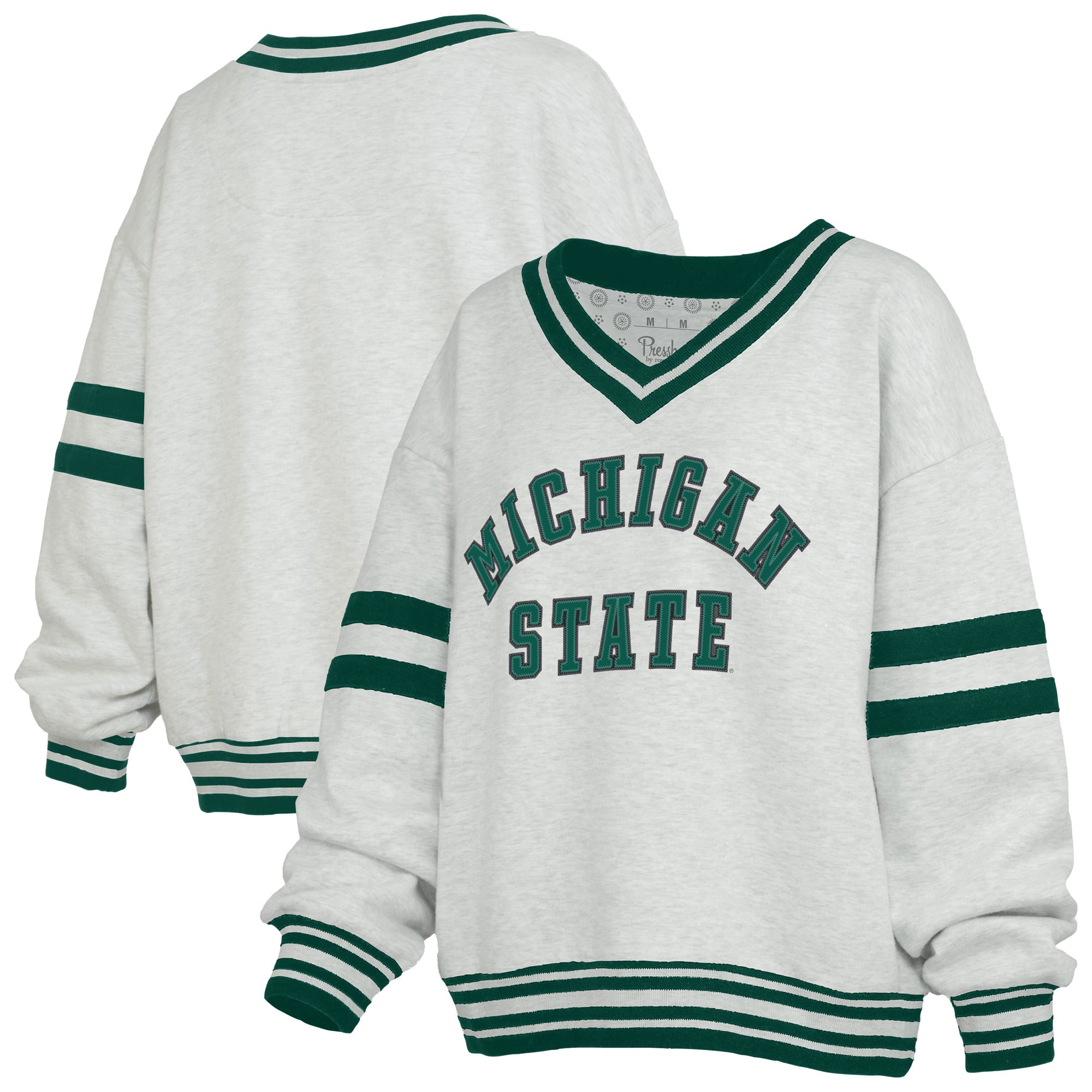 Women's Pressbox Gray/Green Michigan State Spartans Tackle Twill Oates V-Neck Sweatshirt