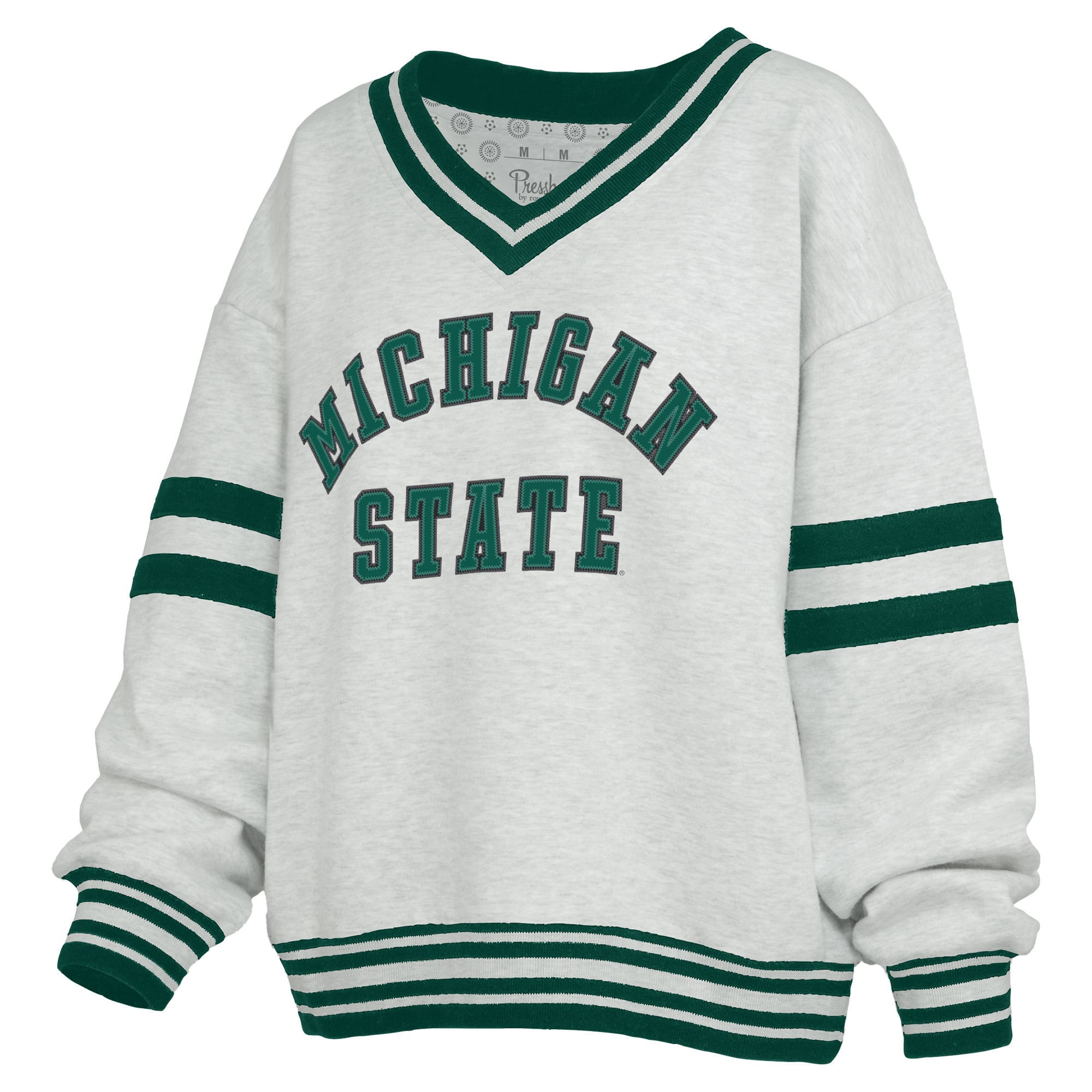 Women's Pressbox Gray/Green Michigan State Spartans Tackle Twill Oates V-Neck Sweatshirt