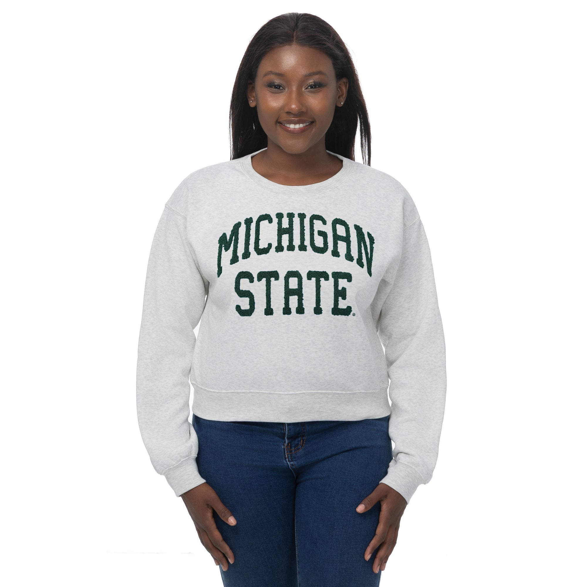 Women's ZooZatz Heather Gray Michigan State Spartans Core Chenille Cropped Sweatshirt