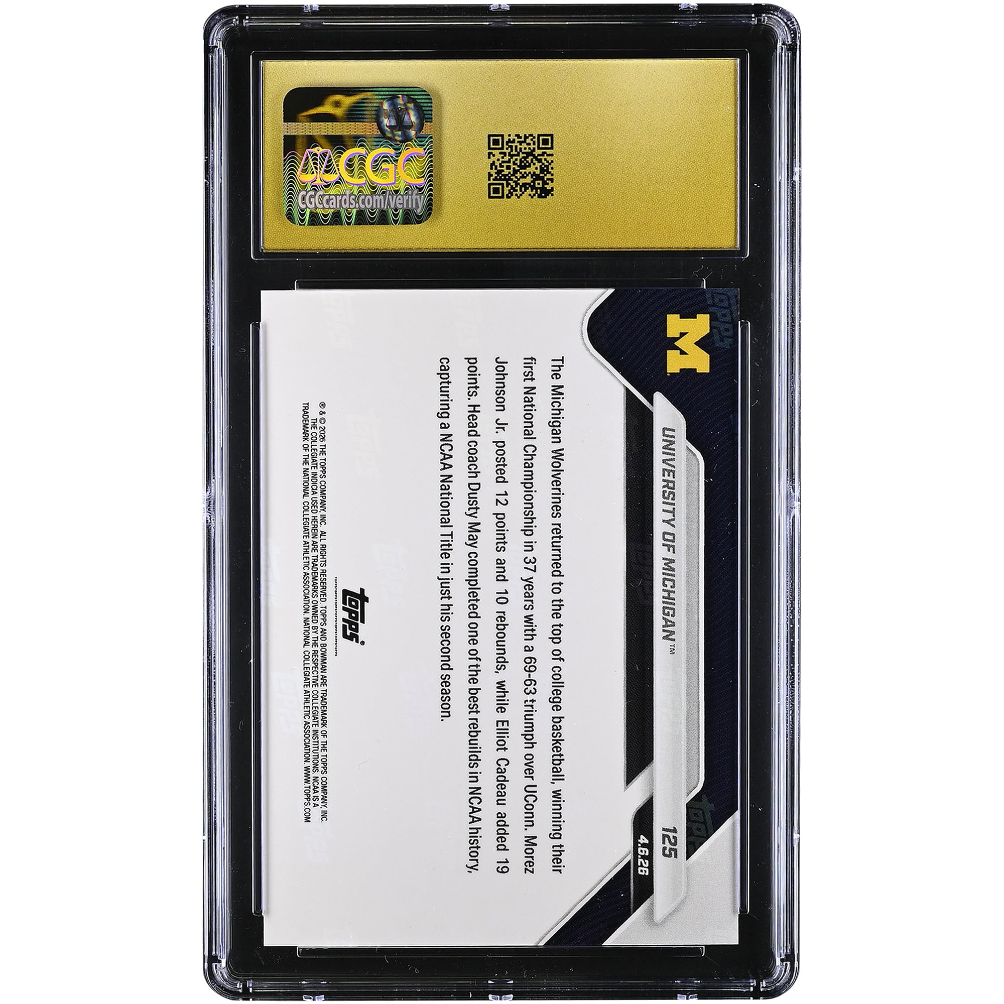 Michigan Wolverines 2025-26 Bowman U Now Wins 2nd NCAA National Championship in Program History #125 CGC Authenticated PRISTINE 10 Card