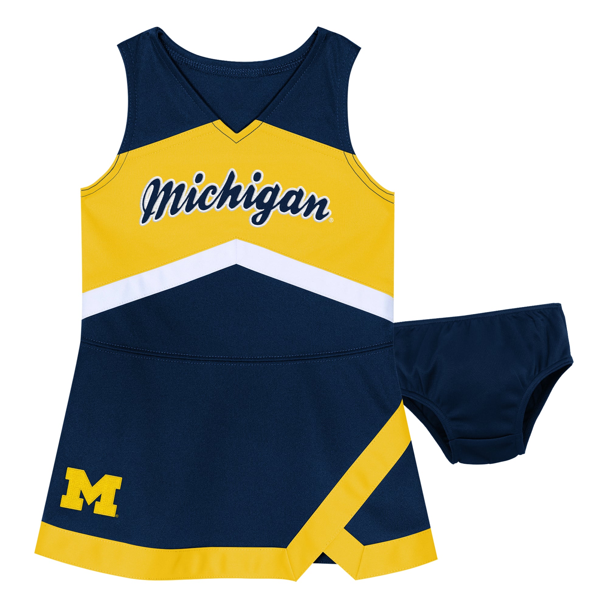 Girls Preschool Outerstuff Navy Michigan Wolverines Two-Piece Cheer Captain Jumper Dress & Bloomers Set