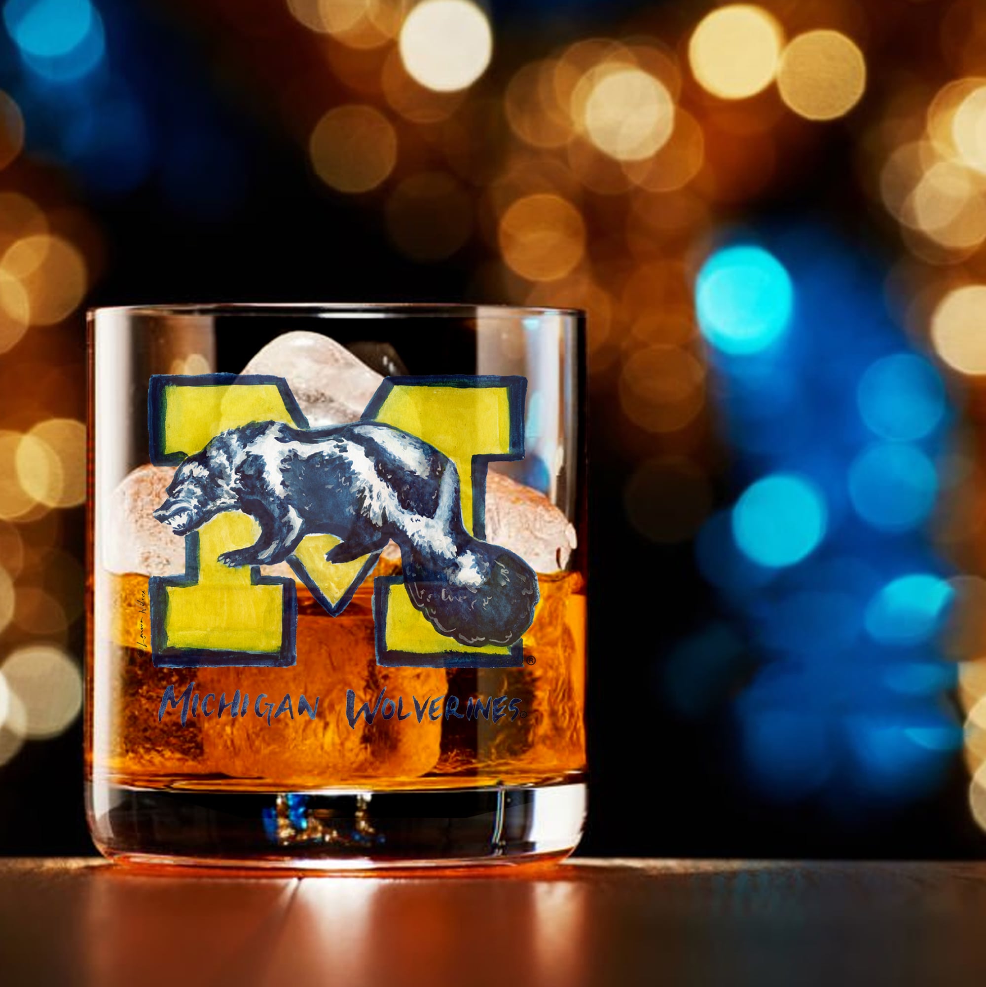 Indigo Falls  Michigan Wolverines Laura Wilcox Mascot Rocks Glass Set of 2