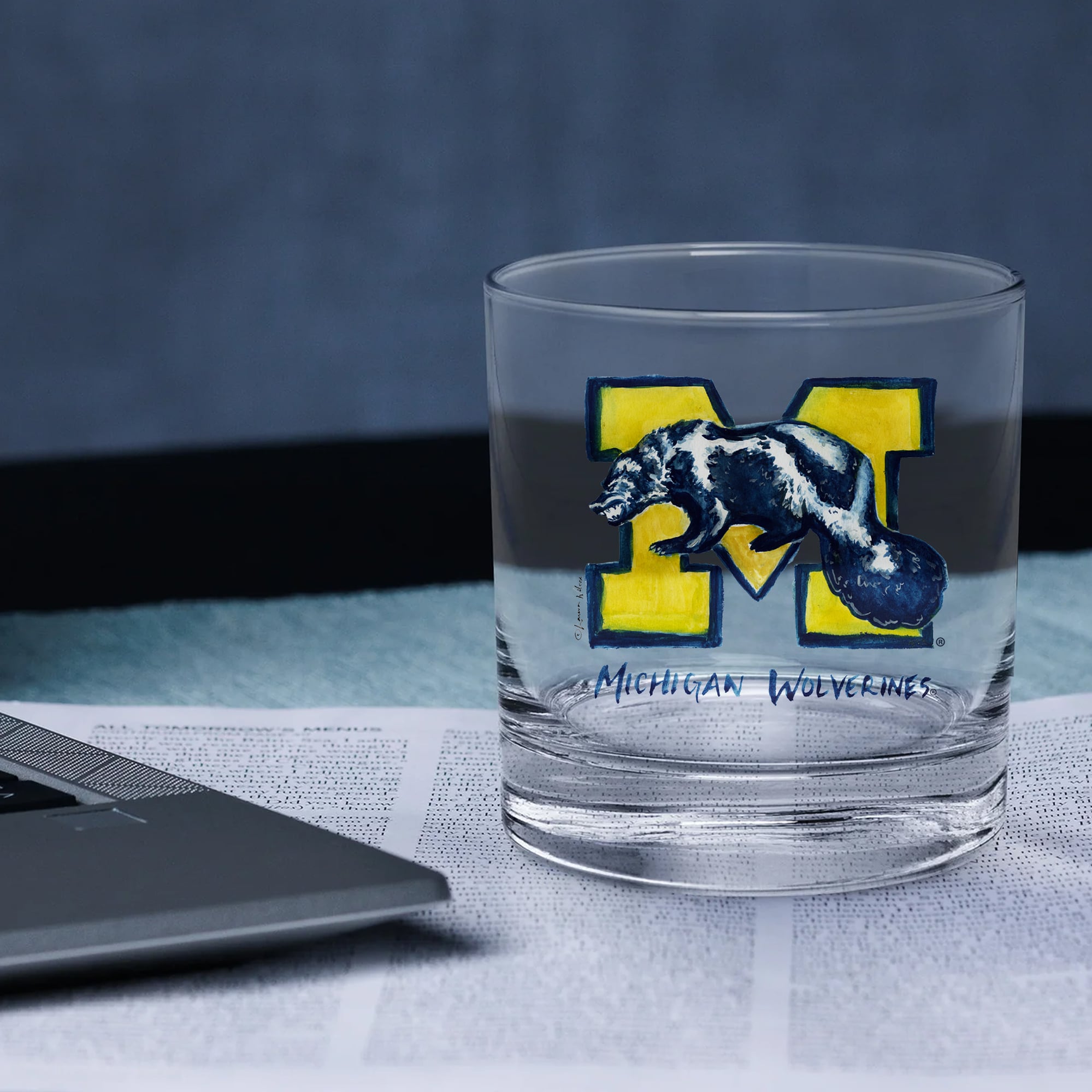 Indigo Falls  Michigan Wolverines Laura Wilcox Mascot Rocks Glass Set of 2