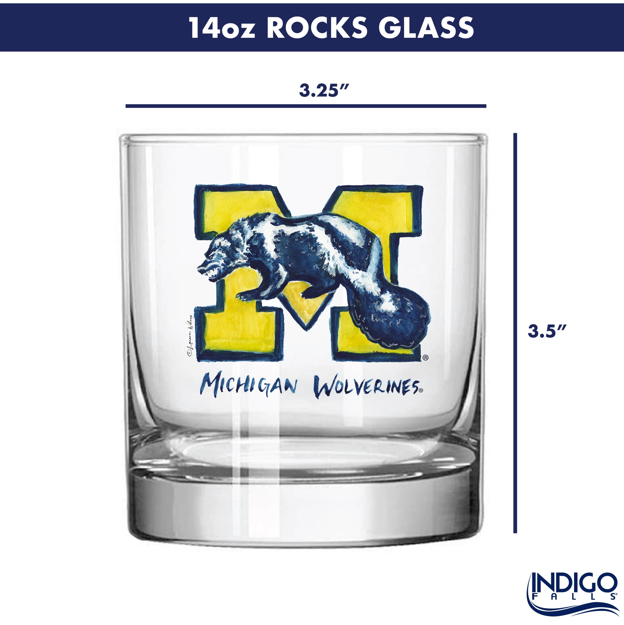 Indigo Falls  Michigan Wolverines Laura Wilcox Mascot Rocks Glass Set of 2