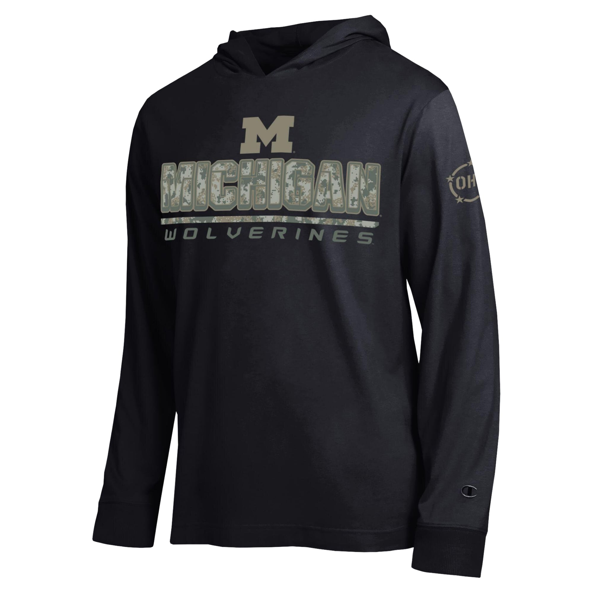 T-shirt à manches longues et capuche Champion Black Michigan Wolverines Operation Hat Trick Camo Script pour homme