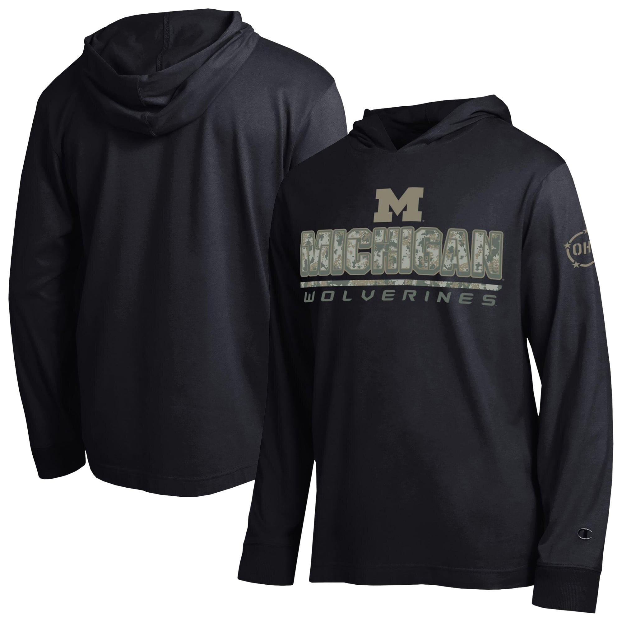 T-shirt à manches longues et capuche Champion Black Michigan Wolverines Operation Hat Trick Camo Script pour homme