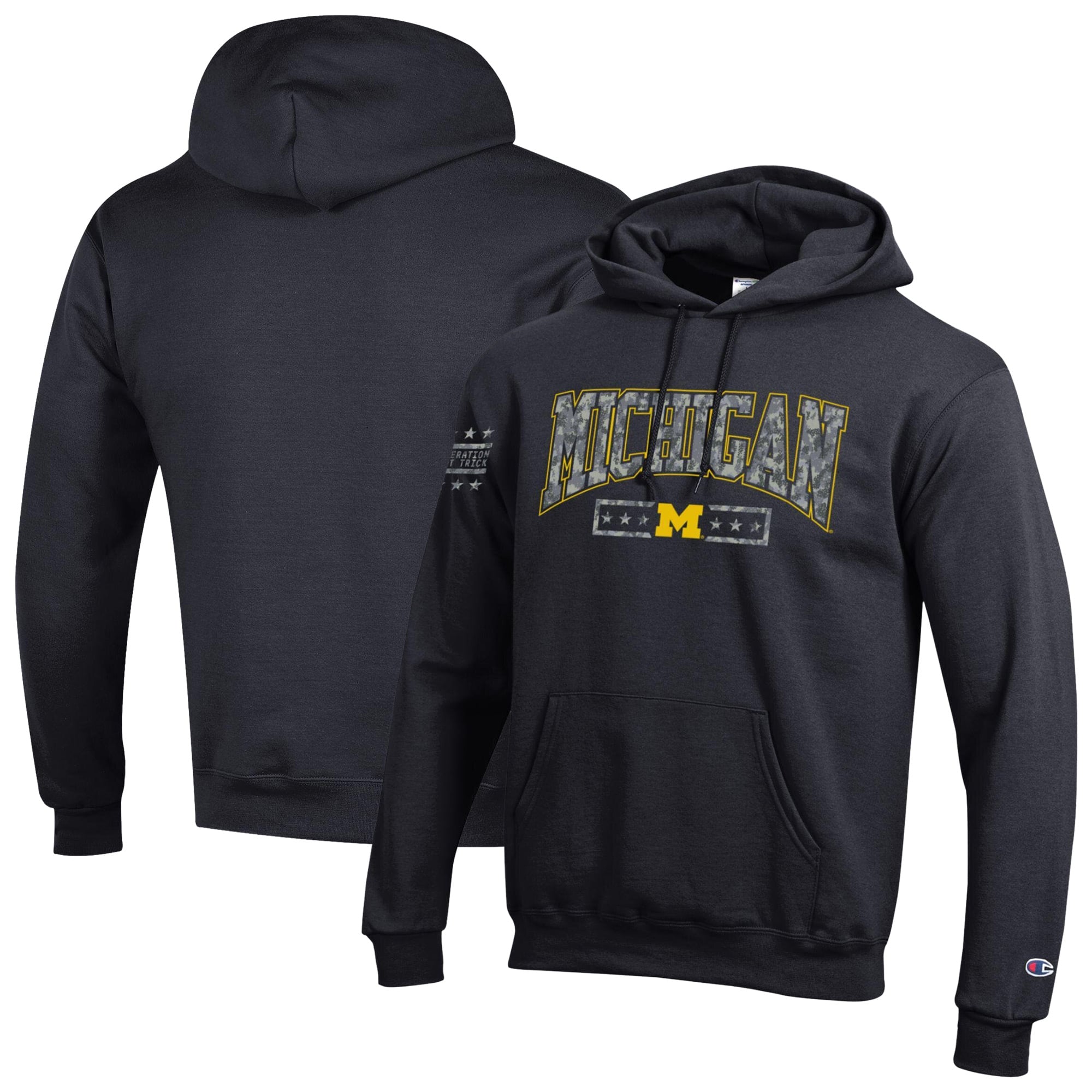 Men's Champion Black Michigan Wolverines Operation Hat Trick Camo Script Powerblend Fleece Hoodie