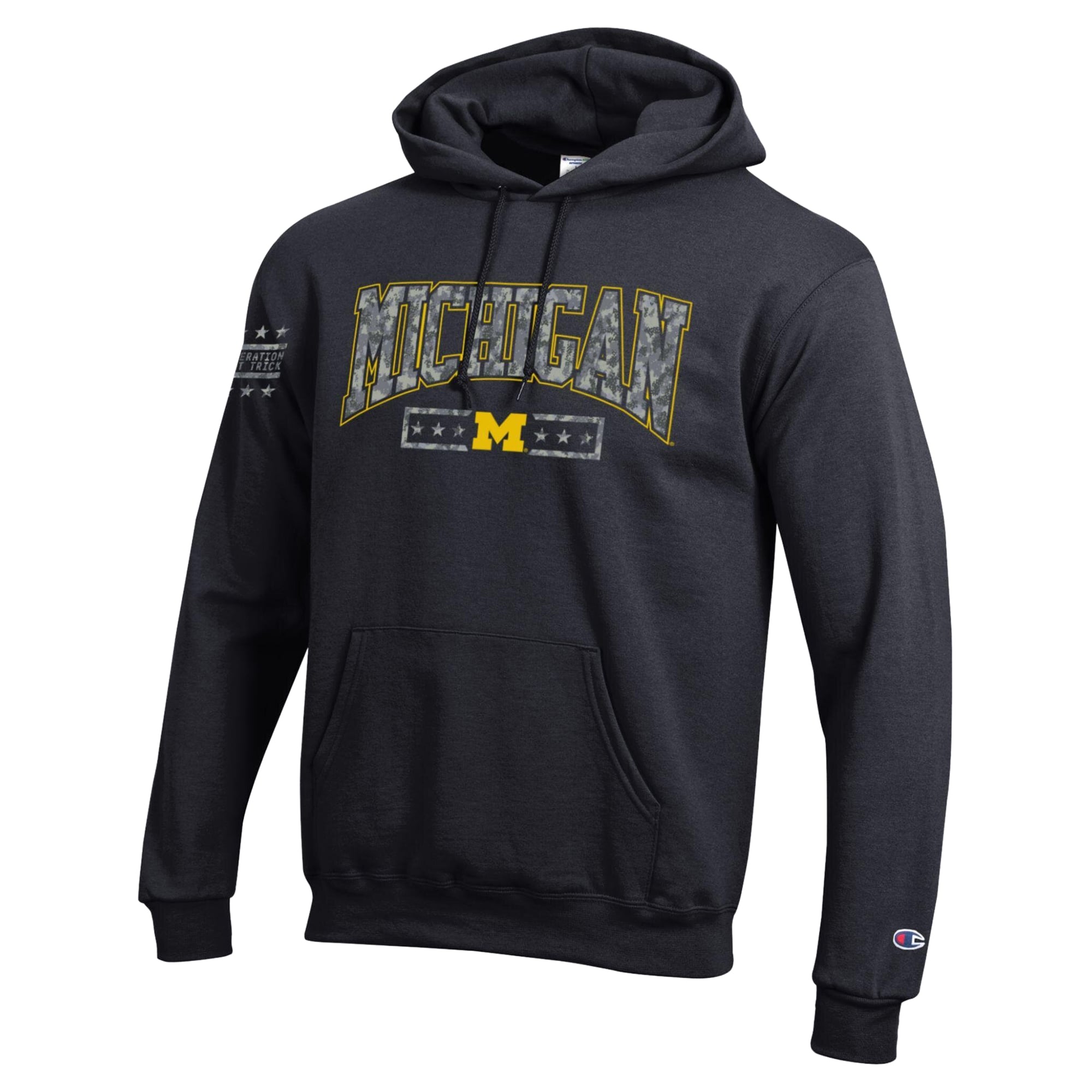 Men's Champion Black Michigan Wolverines Operation Hat Trick Camo Script Powerblend Fleece Hoodie