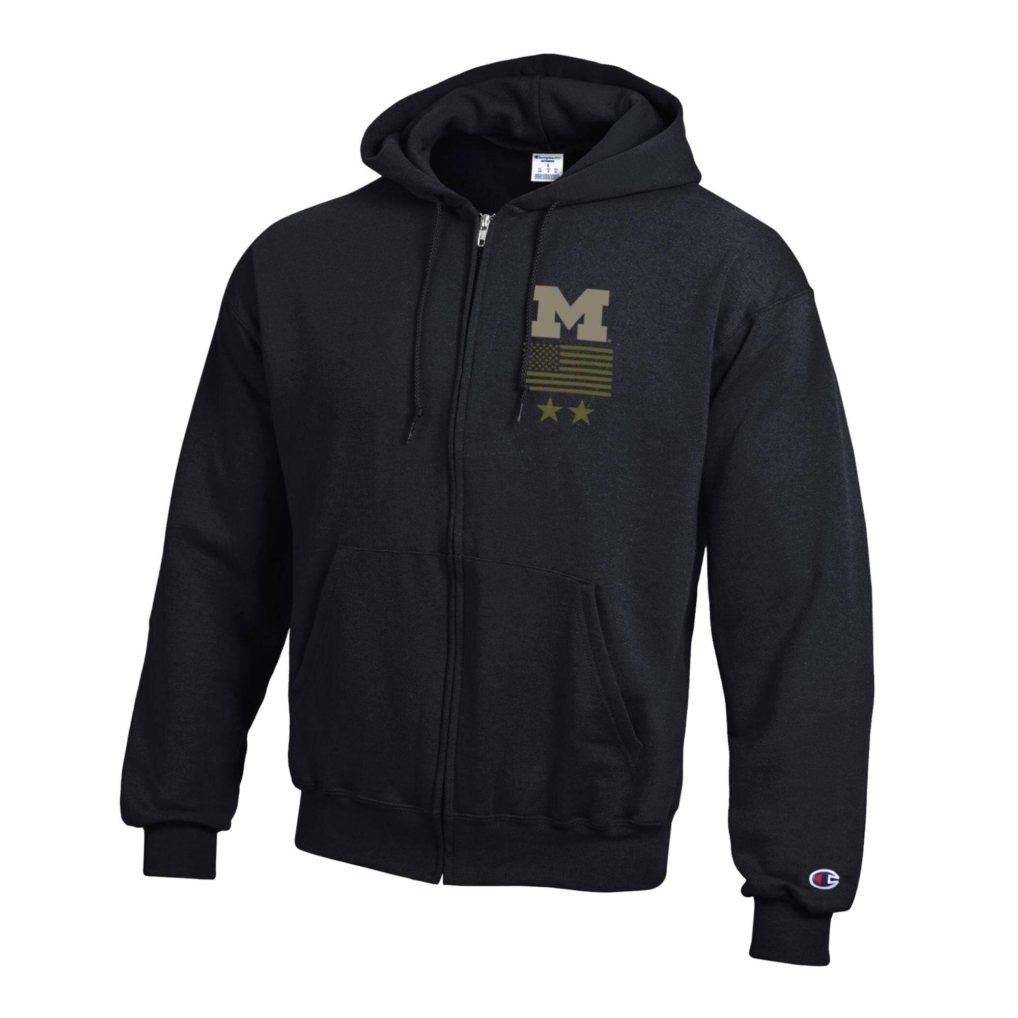Men's Champion Black Michigan Wolverines Operation Hat Trick Flag Powerblend Fleece Full-Zip Hoodie