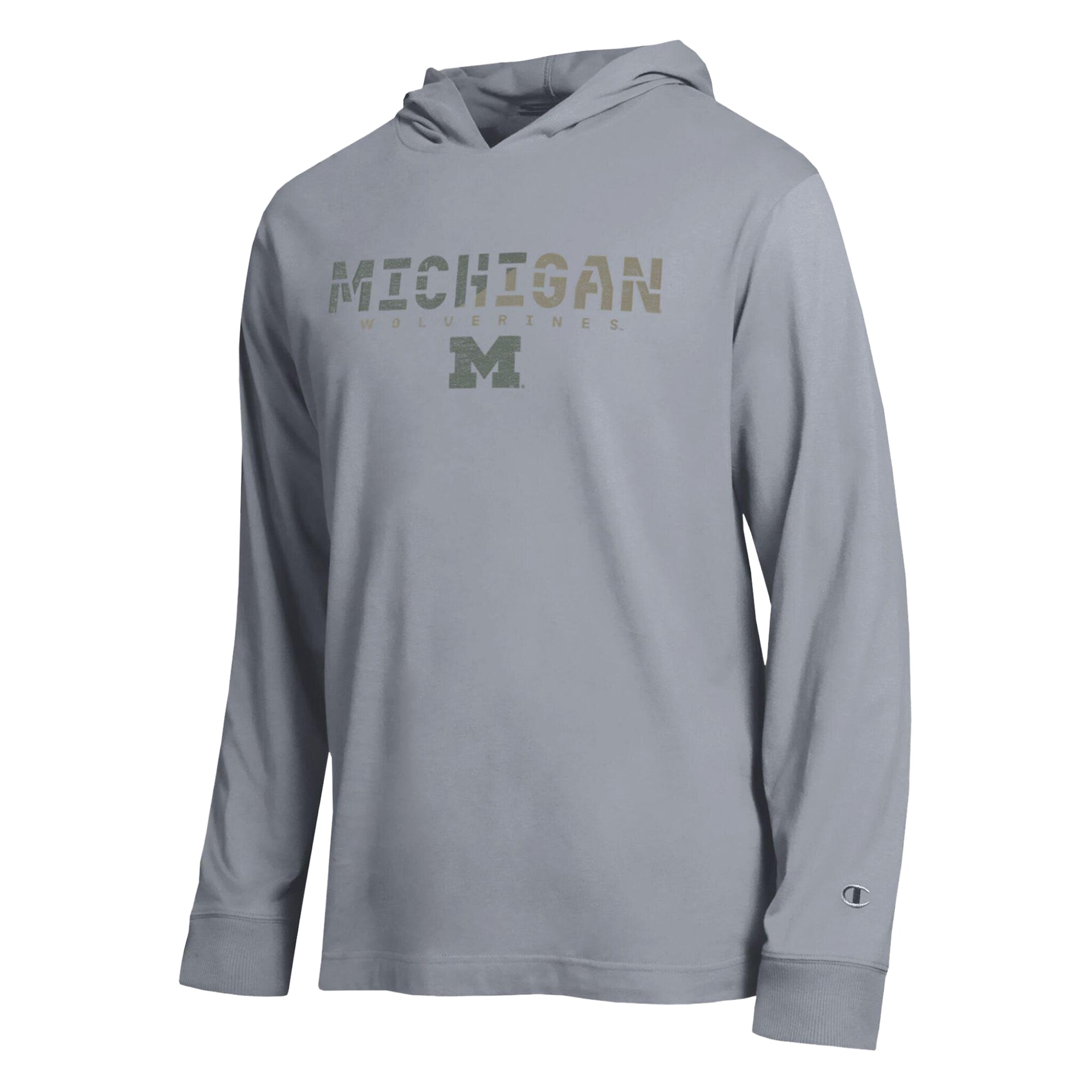 T-shirt à manches longues et capuche Champion pour homme, gris chiné, Michigan Wolverines, drapeau Operation Hat Trick