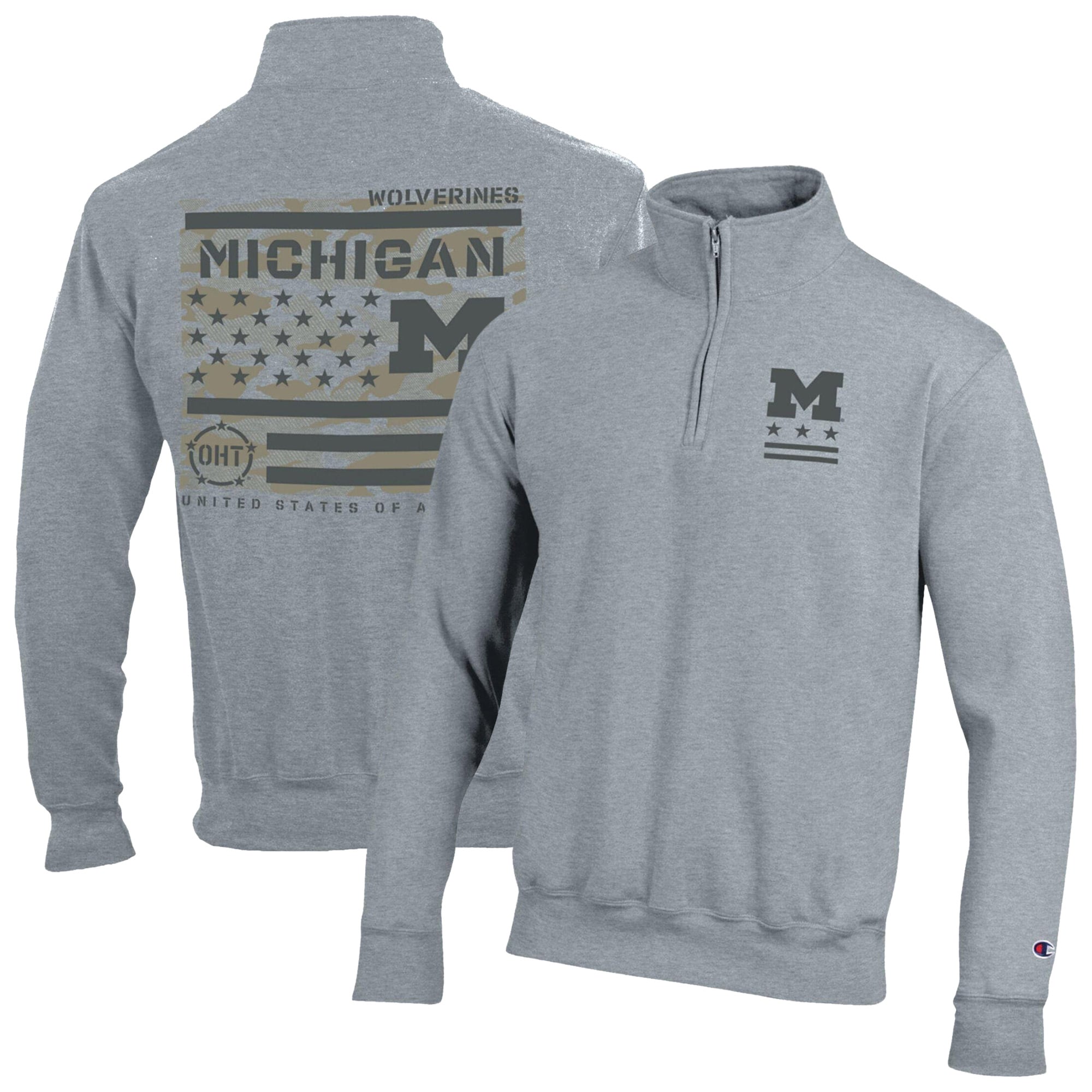 Pull-over à col zippé Champion pour homme, gris chiné, Michigan Wolverines, motif « Operation Hat Trick Flag », en polaire Powerblend.