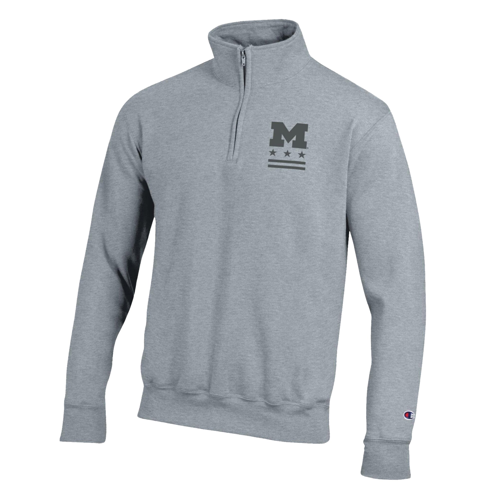 Pull-over à col zippé Champion pour homme, gris chiné, Michigan Wolverines, motif « Operation Hat Trick Flag », en polaire Powerblend.