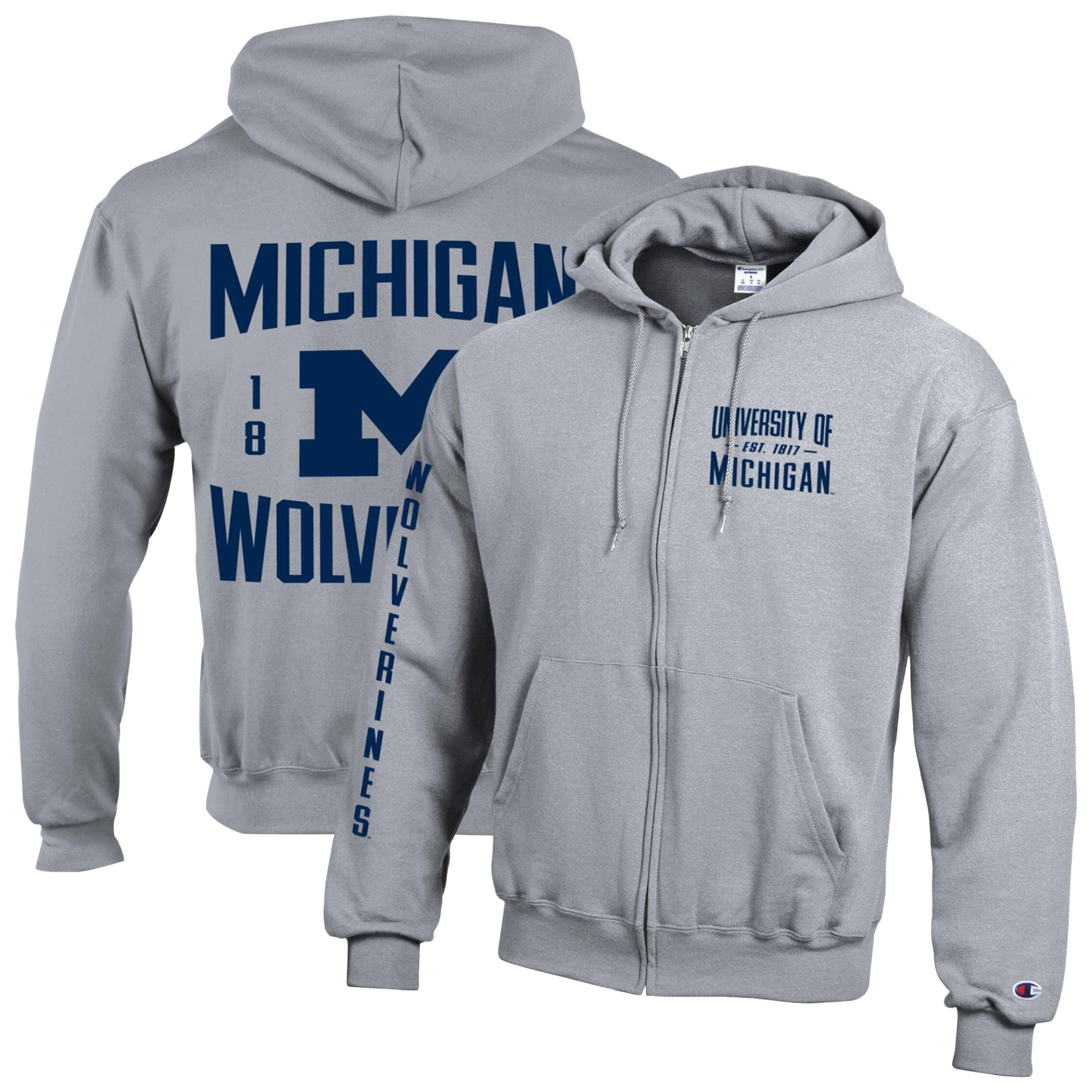 Men's Champion Heather Gray Michigan Wolverines Varsity Powerblend Full-Zip Fleece Hoodie