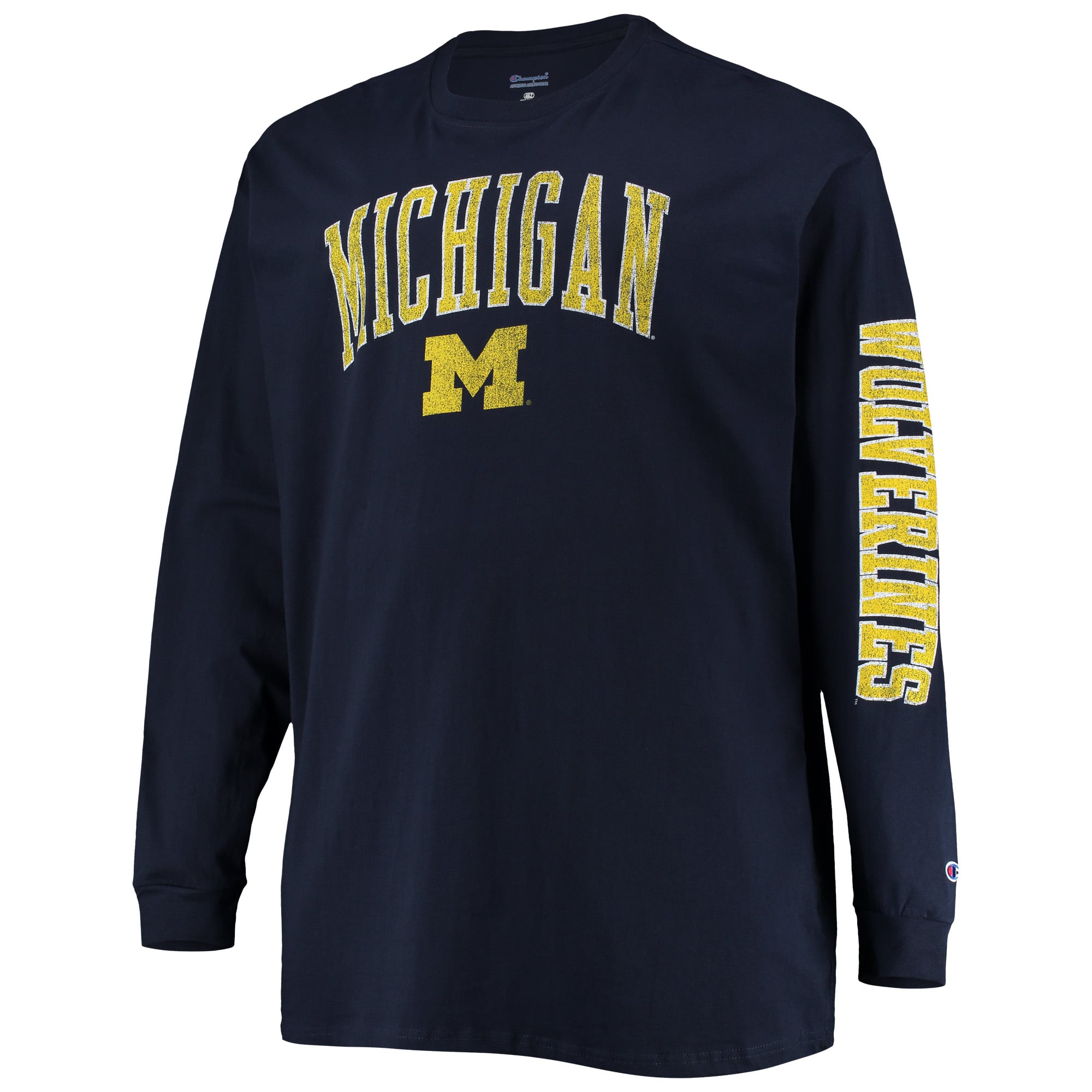 T-shirt à manches longues Champion pour homme, bleu marine, Michigan Wolverines, grandes tailles, logo en arc sur le visage