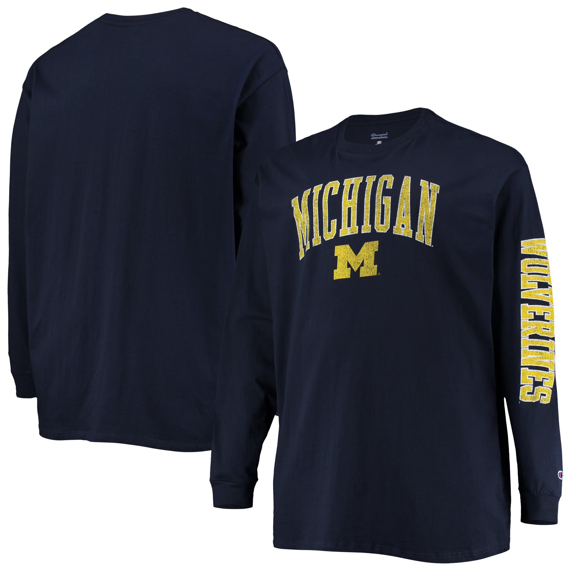 T-shirt à manches longues Champion pour homme, bleu marine, Michigan Wolverines, grandes tailles, logo en arc sur le visage