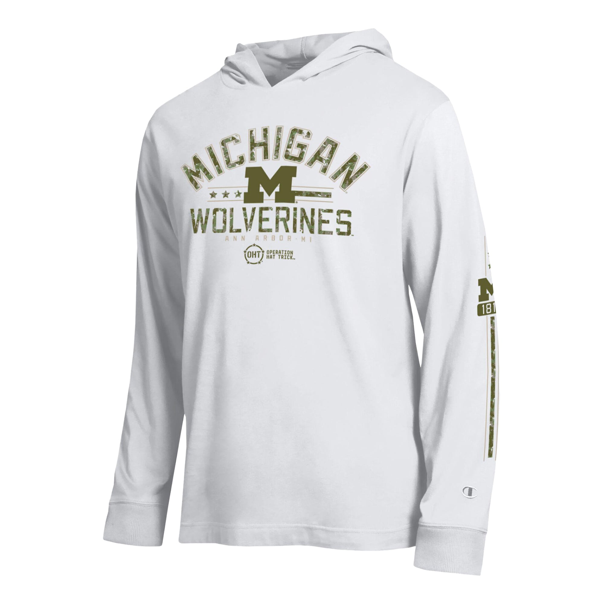T-shirt à manches longues capuche Champion White Michigan Wolverines Operation Hat Trick pour homme