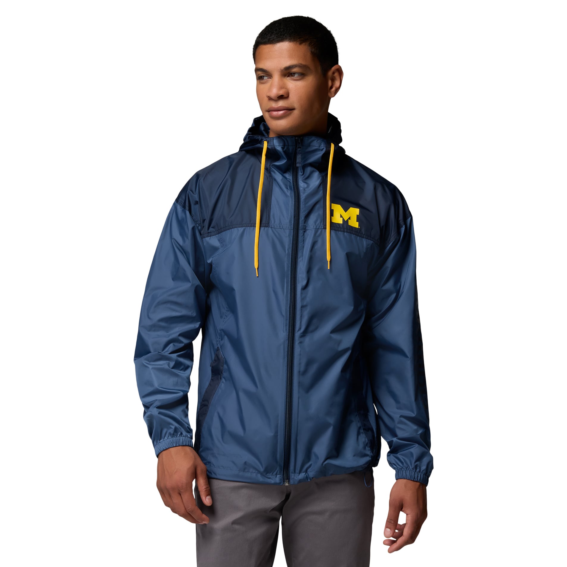 Coupe-vent à capuche zippé Columbia Navy Michigan Wolverines Flash Challenger II pour homme
