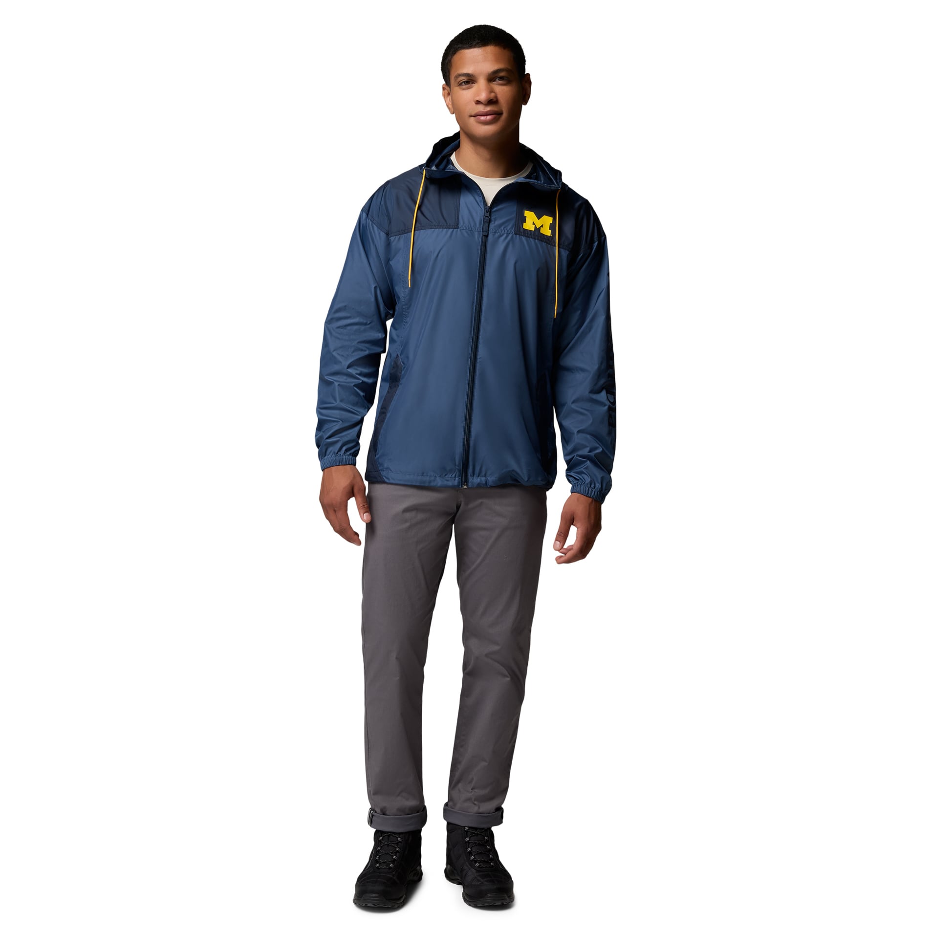 Coupe-vent à capuche zippé Columbia Navy Michigan Wolverines Flash Challenger II pour homme