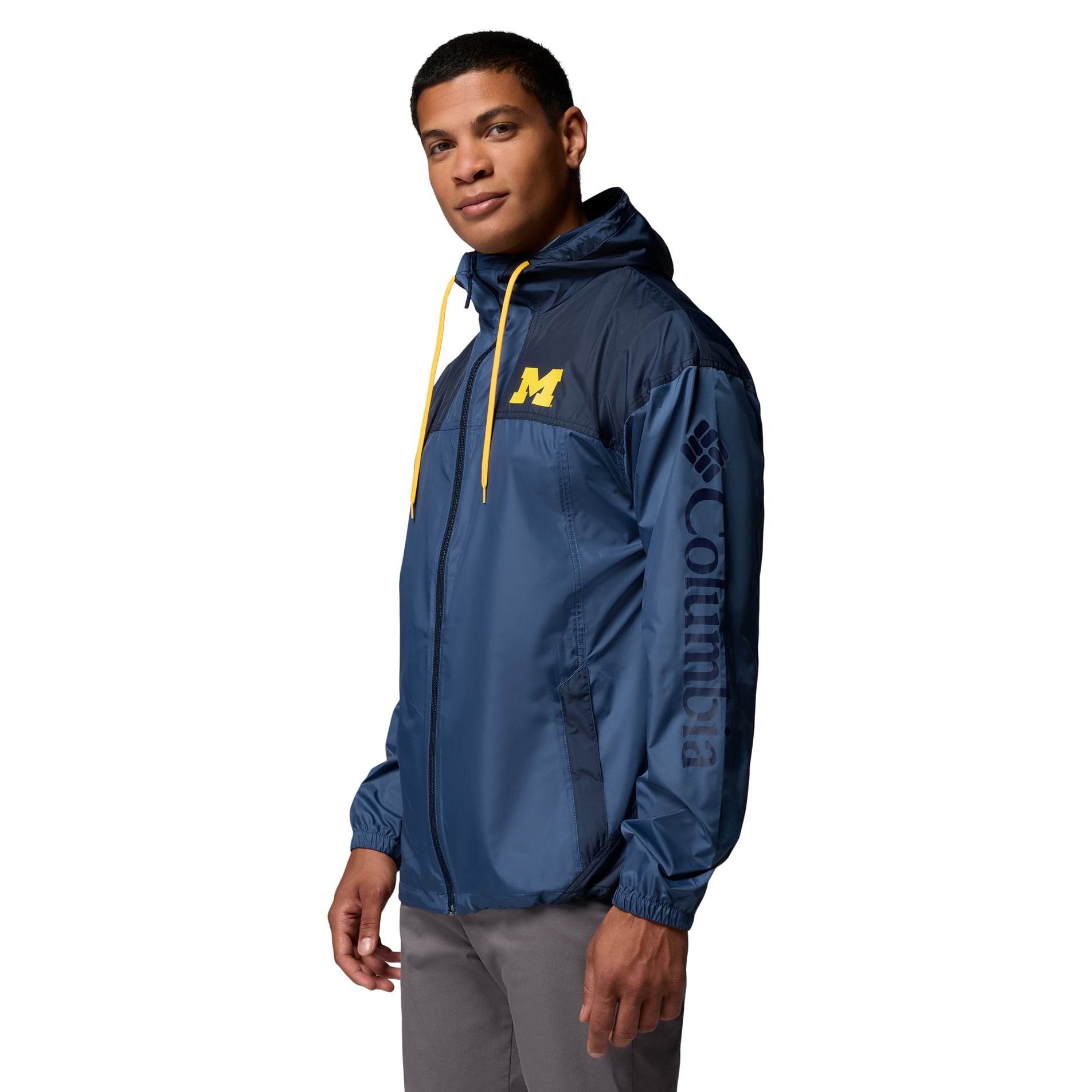 Coupe-vent à capuche zippé Columbia Navy Michigan Wolverines Flash Challenger II pour homme