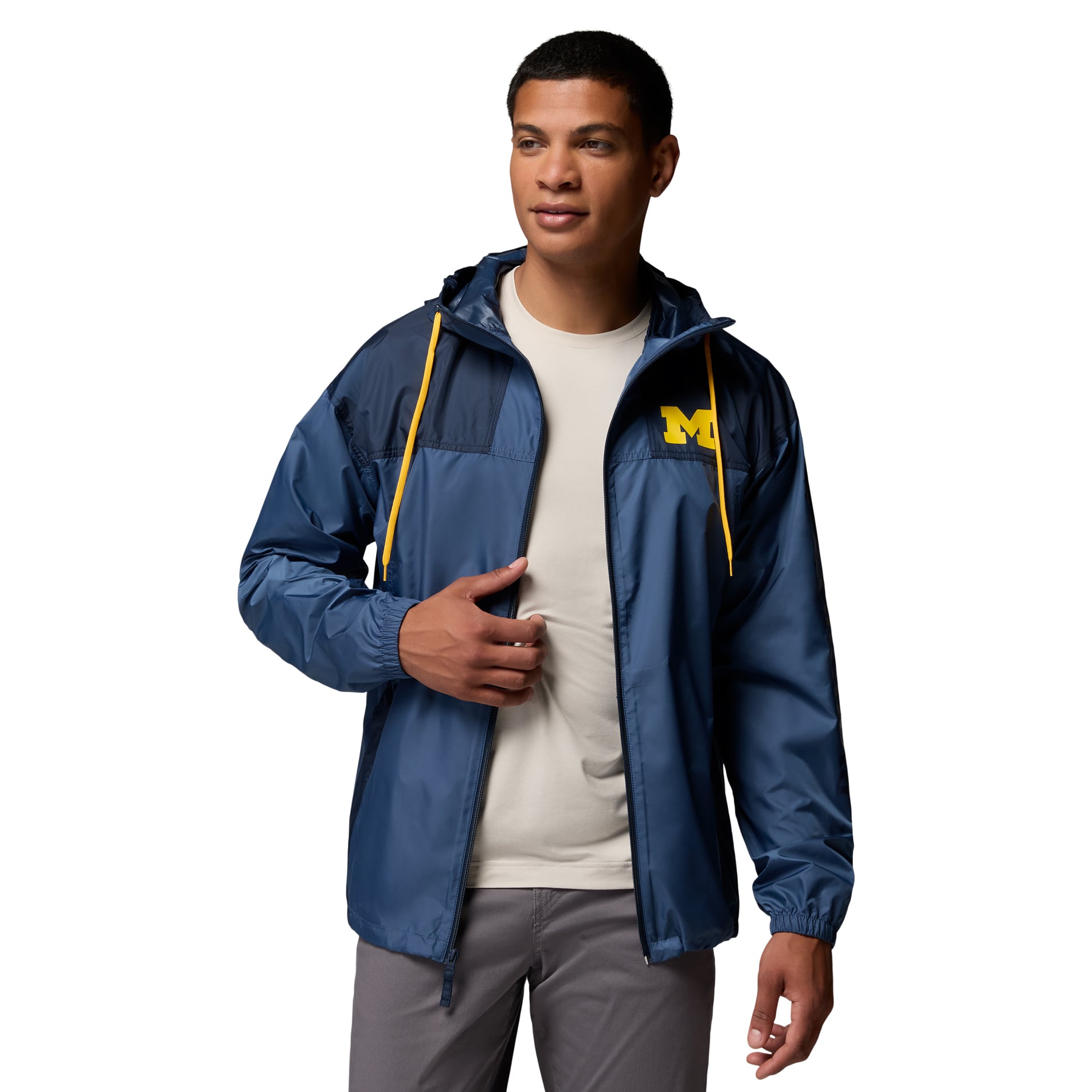 Coupe-vent à capuche zippé Columbia Navy Michigan Wolverines Flash Challenger II pour homme