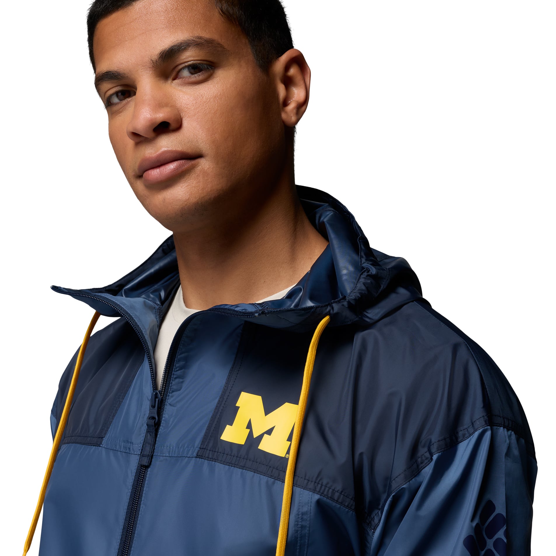 Coupe-vent à capuche zippé Columbia Navy Michigan Wolverines Flash Challenger II pour homme