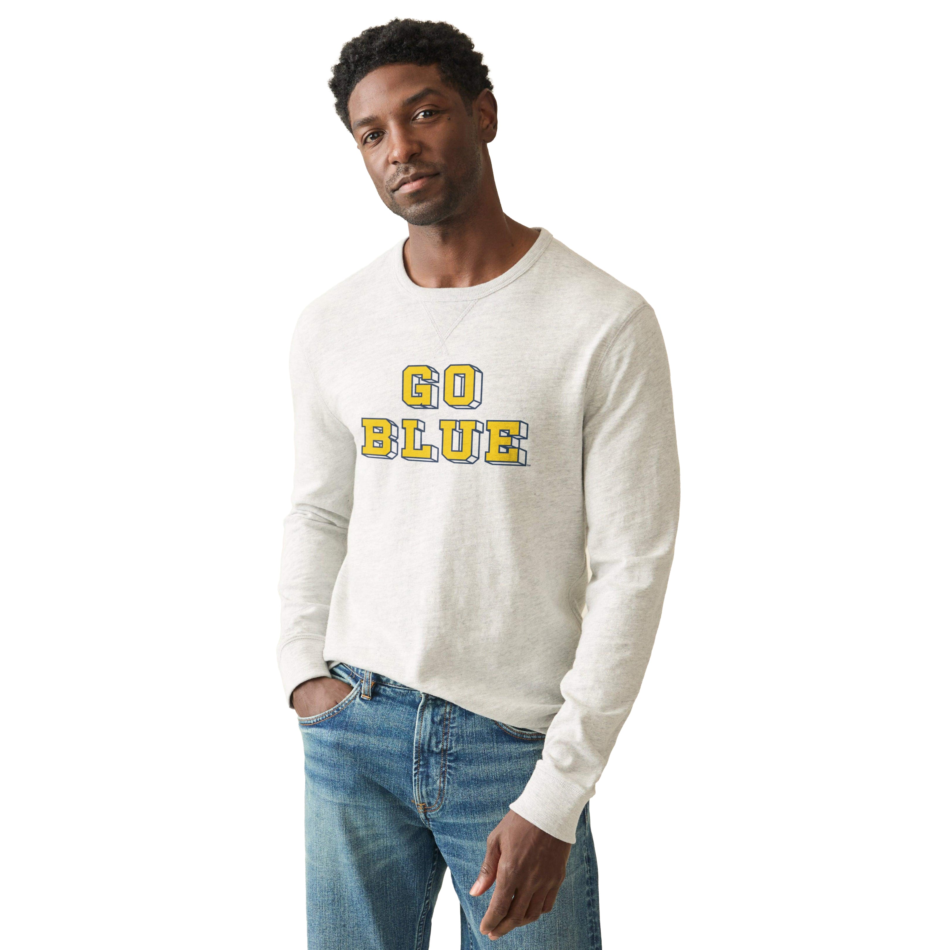 Sweat-shirt FAHERTY pour homme, gris chiné, Michigan Wolverines, effet délavé.