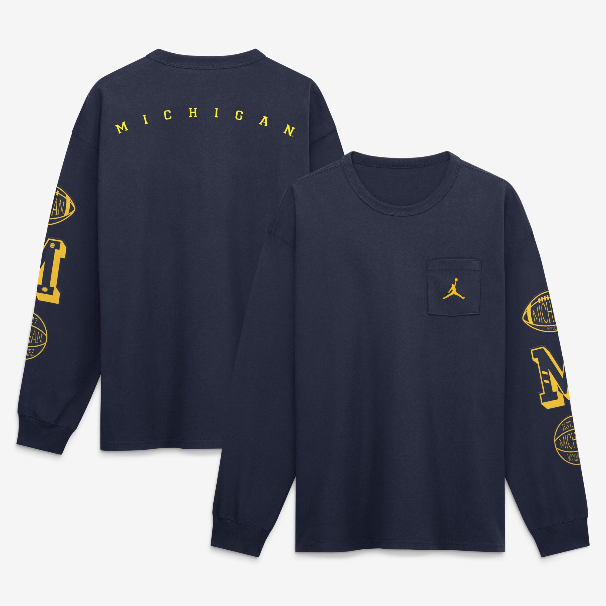 T-shirt à manches longues et poche Jordan Brand bleu marine Michigan Wolverines pour homme