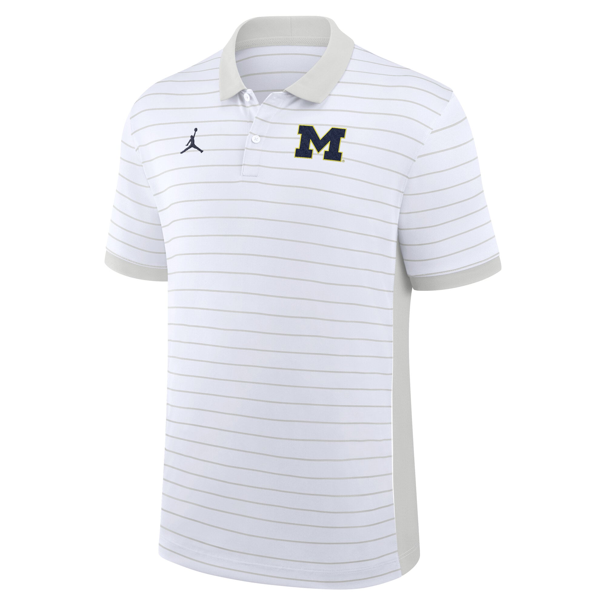 Polo Jordan Brand blanc pour homme, Michigan Wolverines, collection début de saison 2026, rayures victoire des entraîneurs, technologie Dri-FIT