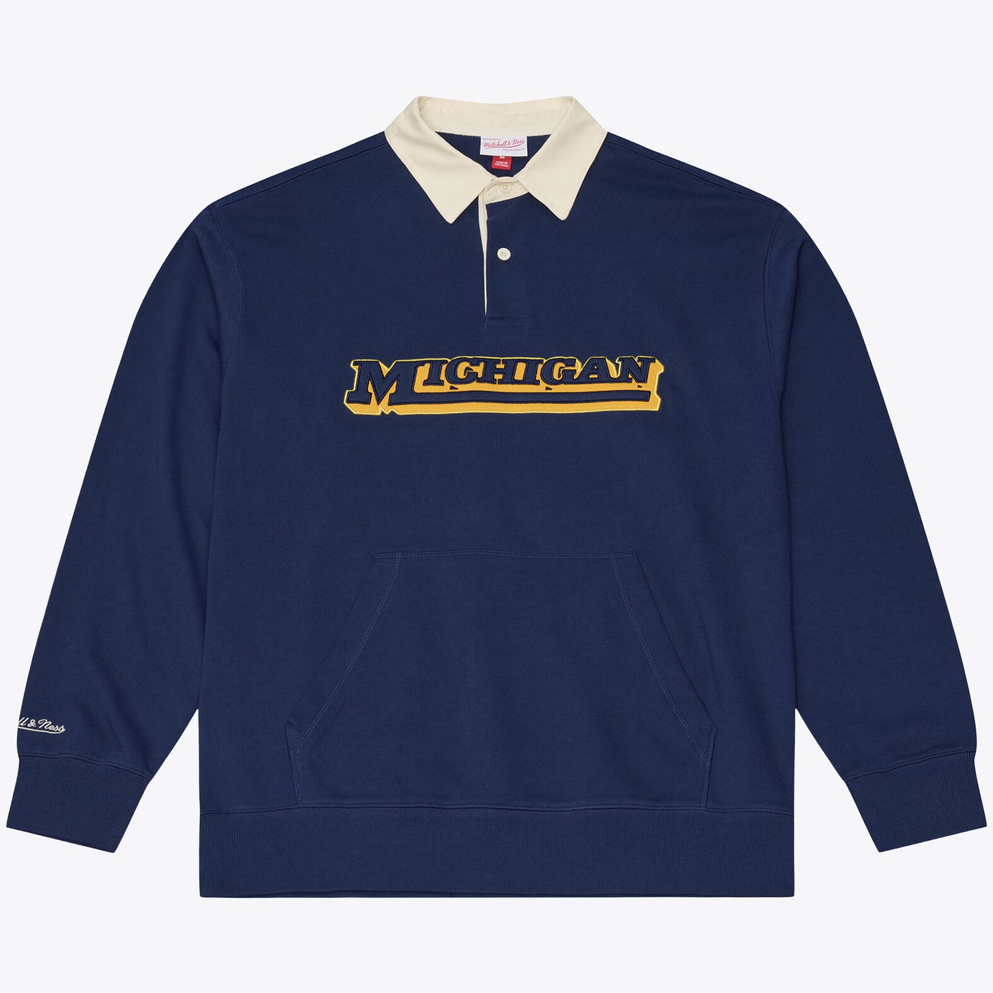 Polo en molleton français Mitchell & Ness bleu marine Michigan Wolverines Retro Roots pour homme