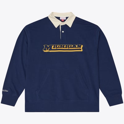  Michigan Wolverines Mitchell & Ness Retro Roots French Terry Fleece Polo - Navy