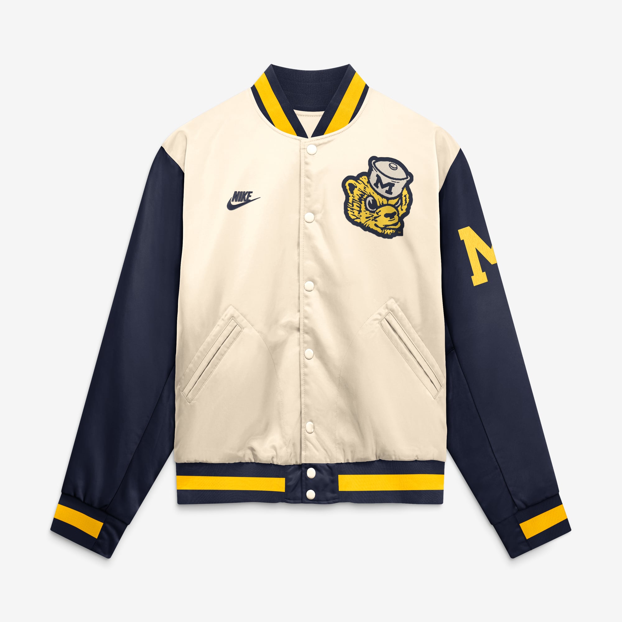 Men's Nike  Natural/Navy Michigan Wolverines Legacy Full-Snap Bomber Jacket