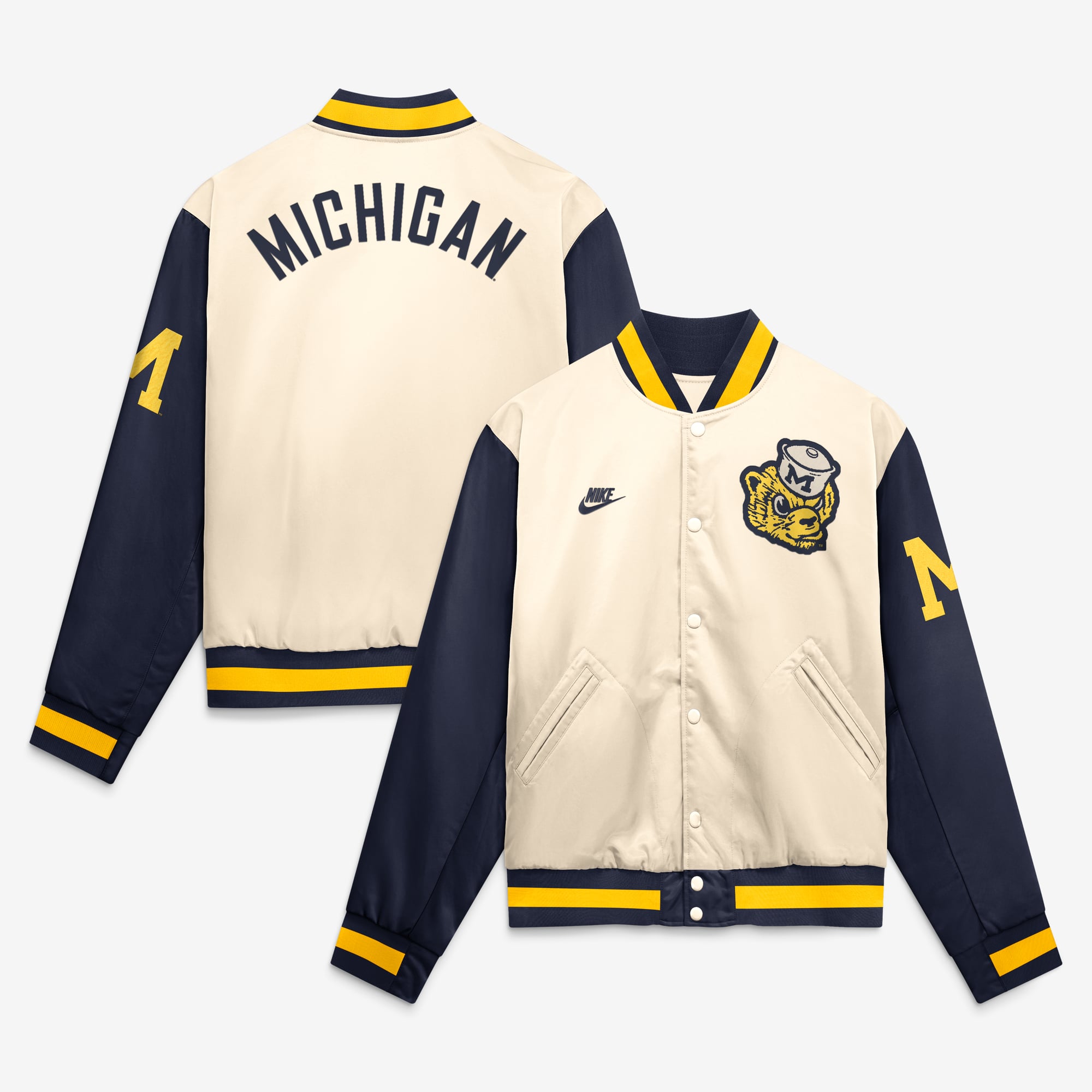 Men's Nike  Natural/Navy Michigan Wolverines Legacy Full-Snap Bomber Jacket