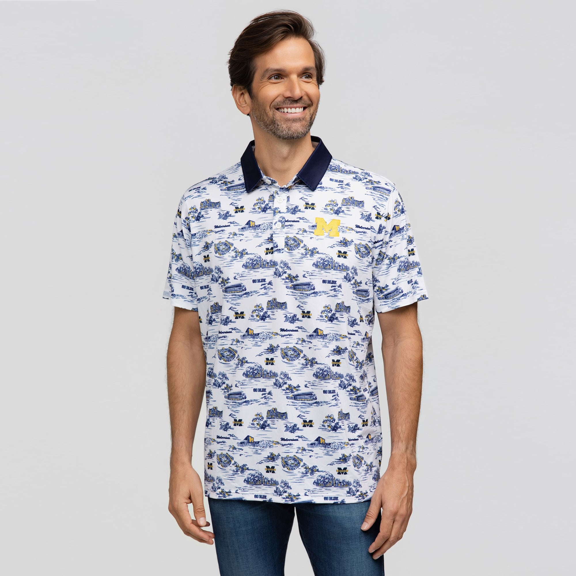 Men's Smith & Quinn White Michigan Wolverines Toile Teddy Polo