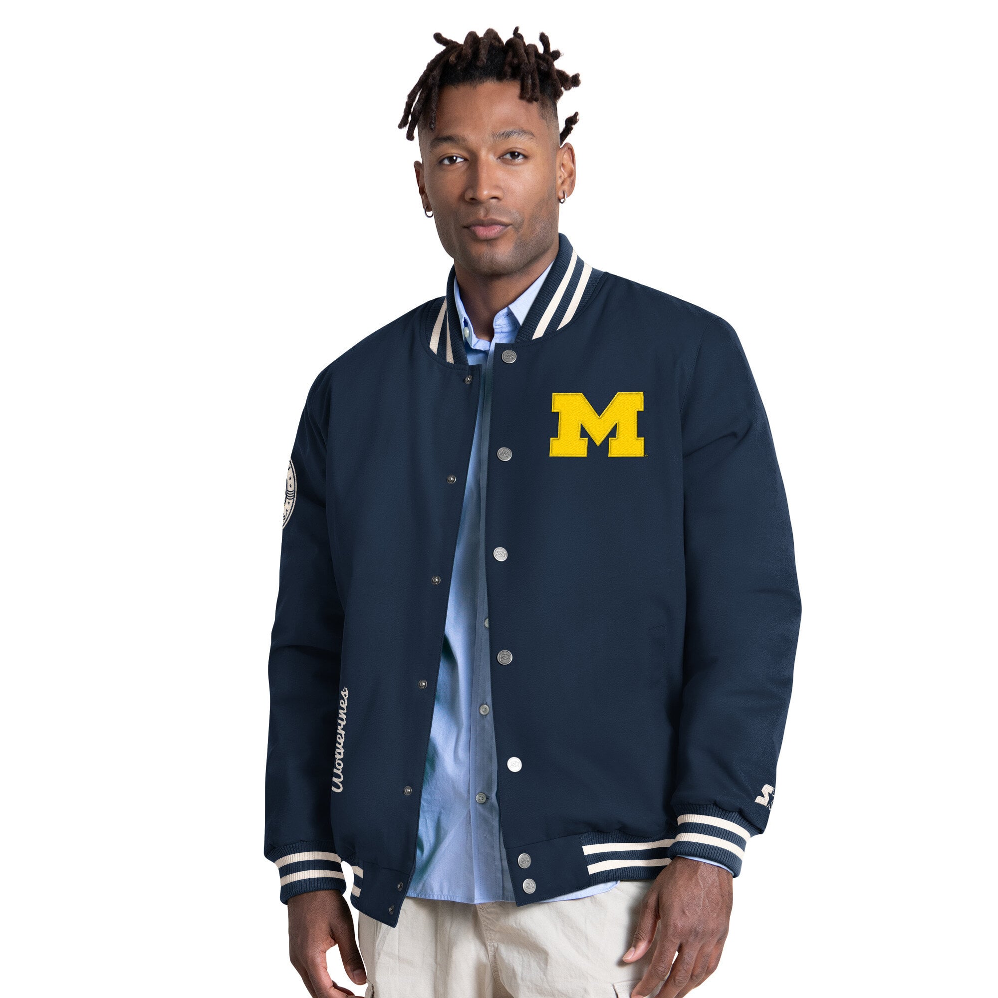 Men's Starter White Michigan Wolverines Spectator Varsity Full Snap Jacket