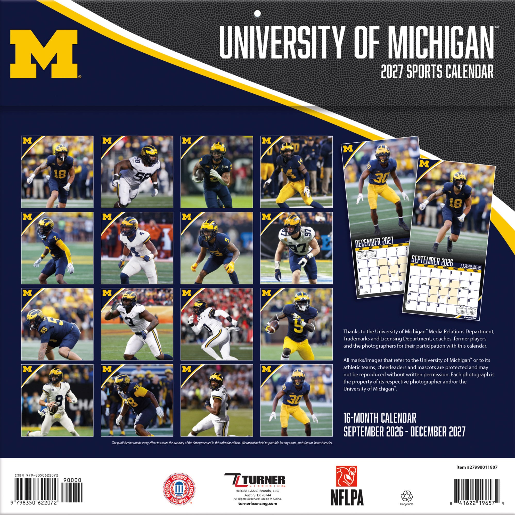 Michigan Wolverines 2027 12” x 12” Team Wall Calendar