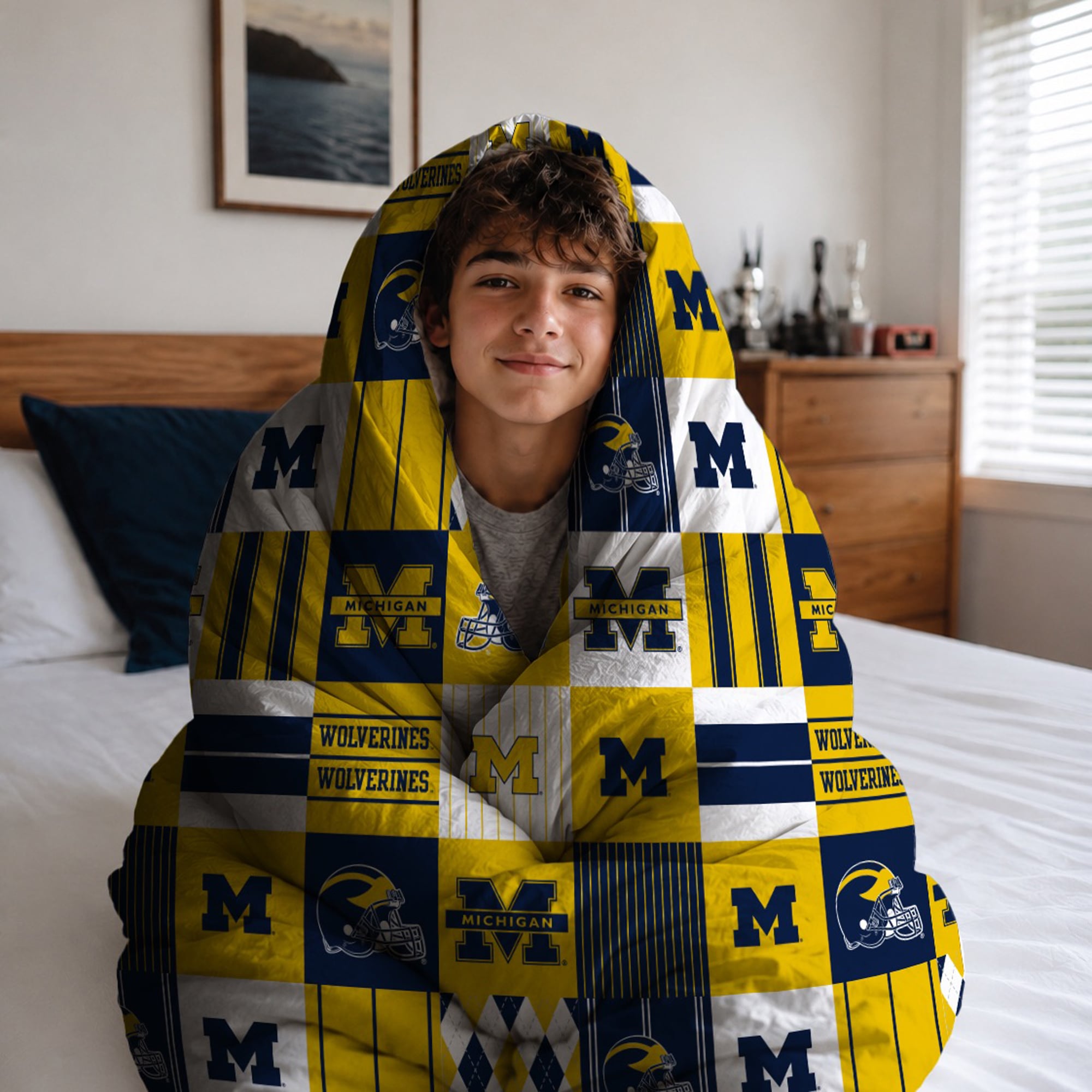 Ensemble de literie deux pièces Pegasus Michigan Wolverines à carreaux patchwork, pour lit simple/simple XL.