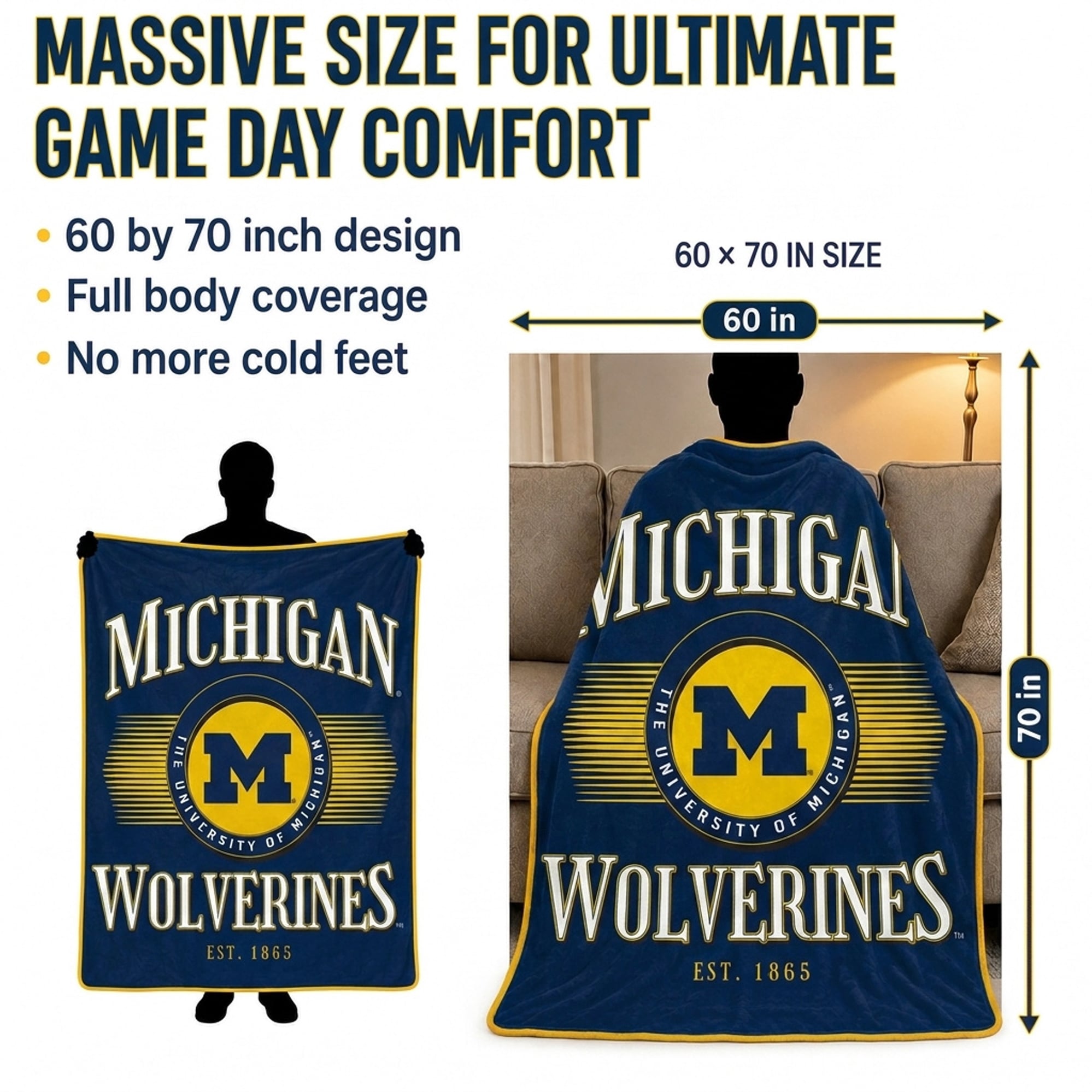 Couverture Pegasus Michigan Wolverines Spotlight Arch 60" x 70" ultra douce