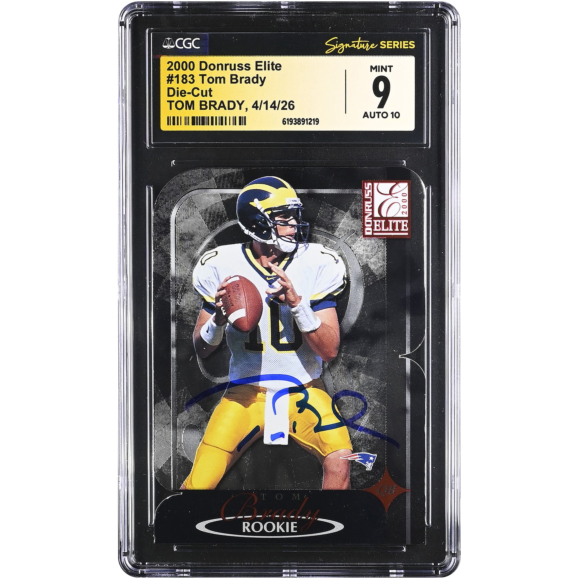 Tom Brady Michigan Wolverines Autographed 2000 Donruss Elite Die-Cut #183 CGC Fanatics Witnessed Authenticated 9/10 Rookie Card