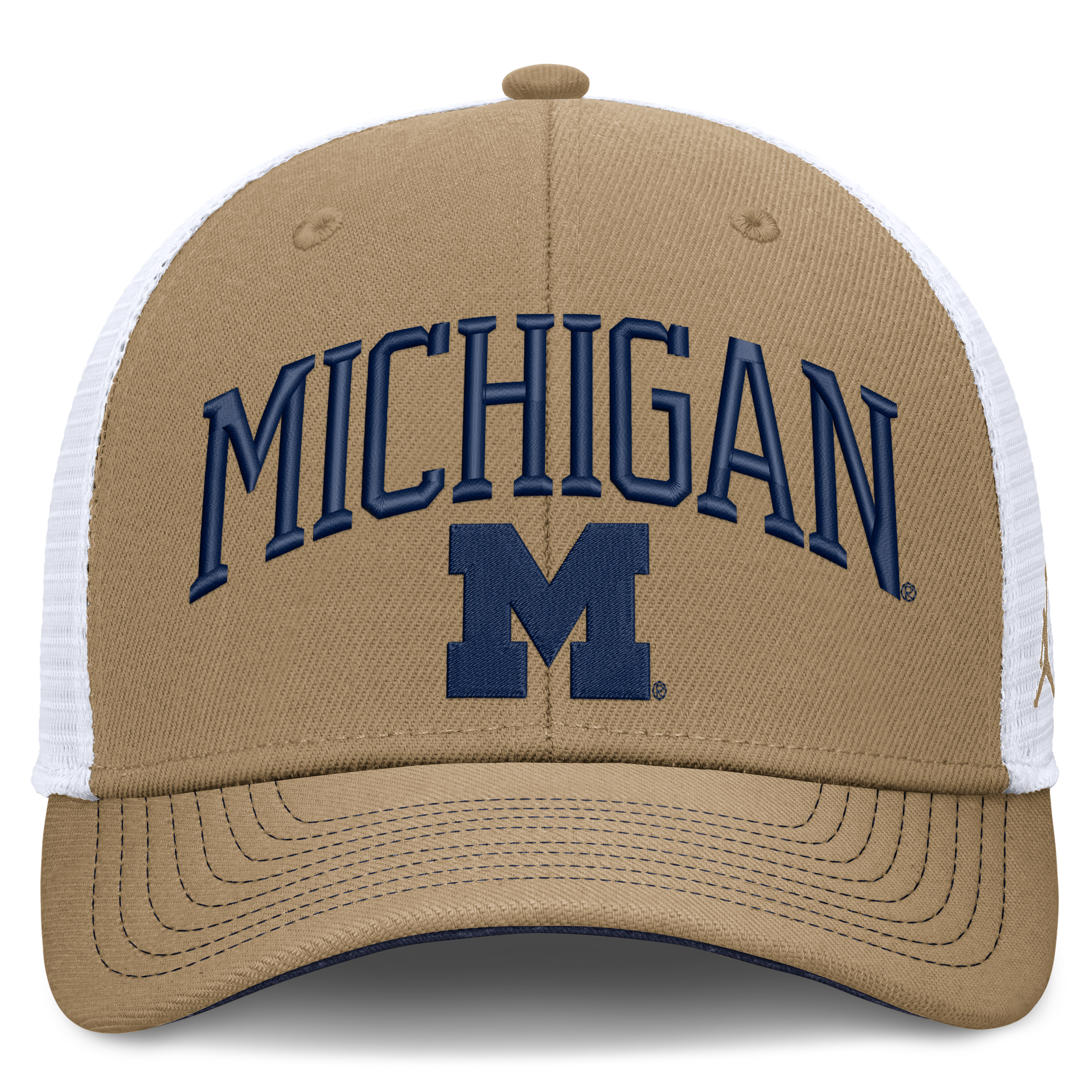 Casquette trucker unisexe Jordan Brand beige/blanche Michigan Wolverines Dri-FIT Primetime Arched, ajustable