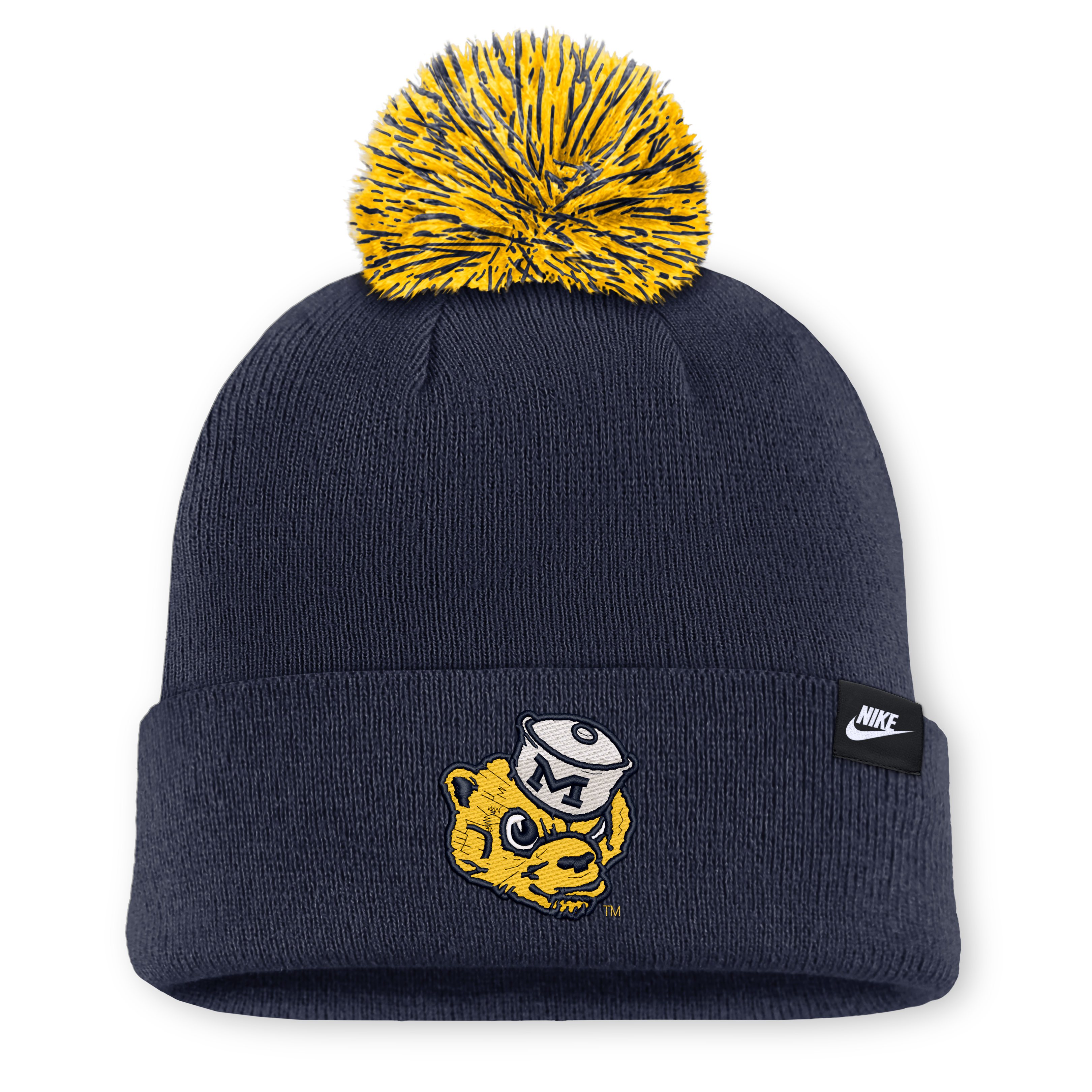 Bonnet unisexe Nike blanc à pompon, orné du logo des Michigan Wolverines.