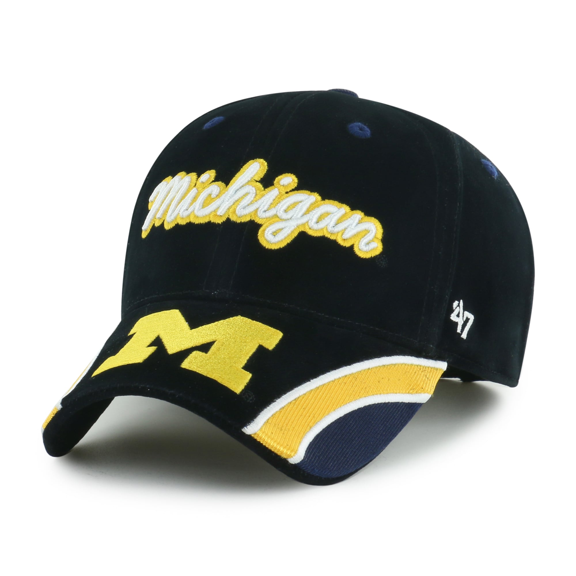 Casquette ajustable pour femme « 47 » en velours denim noir des Michigan Wolverines, avec inscription MVP