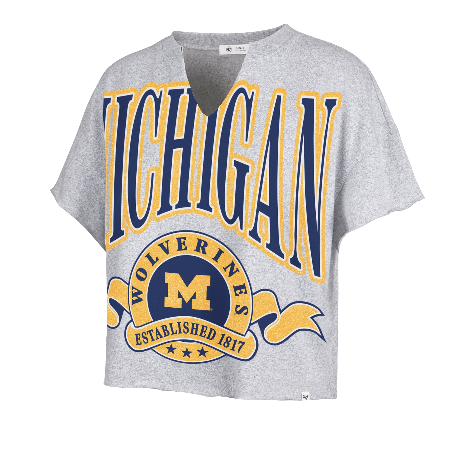 Women's '47  Gray Michigan Wolverines Banners Out Oversized Notch-Neck T-Shirt
