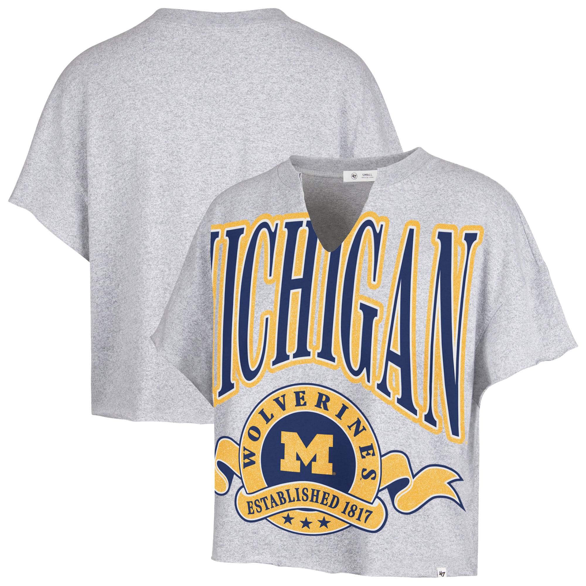 Women's '47 Gray Michigan Wolverines Banners Out Oversized Notch-Neck T-Shirt