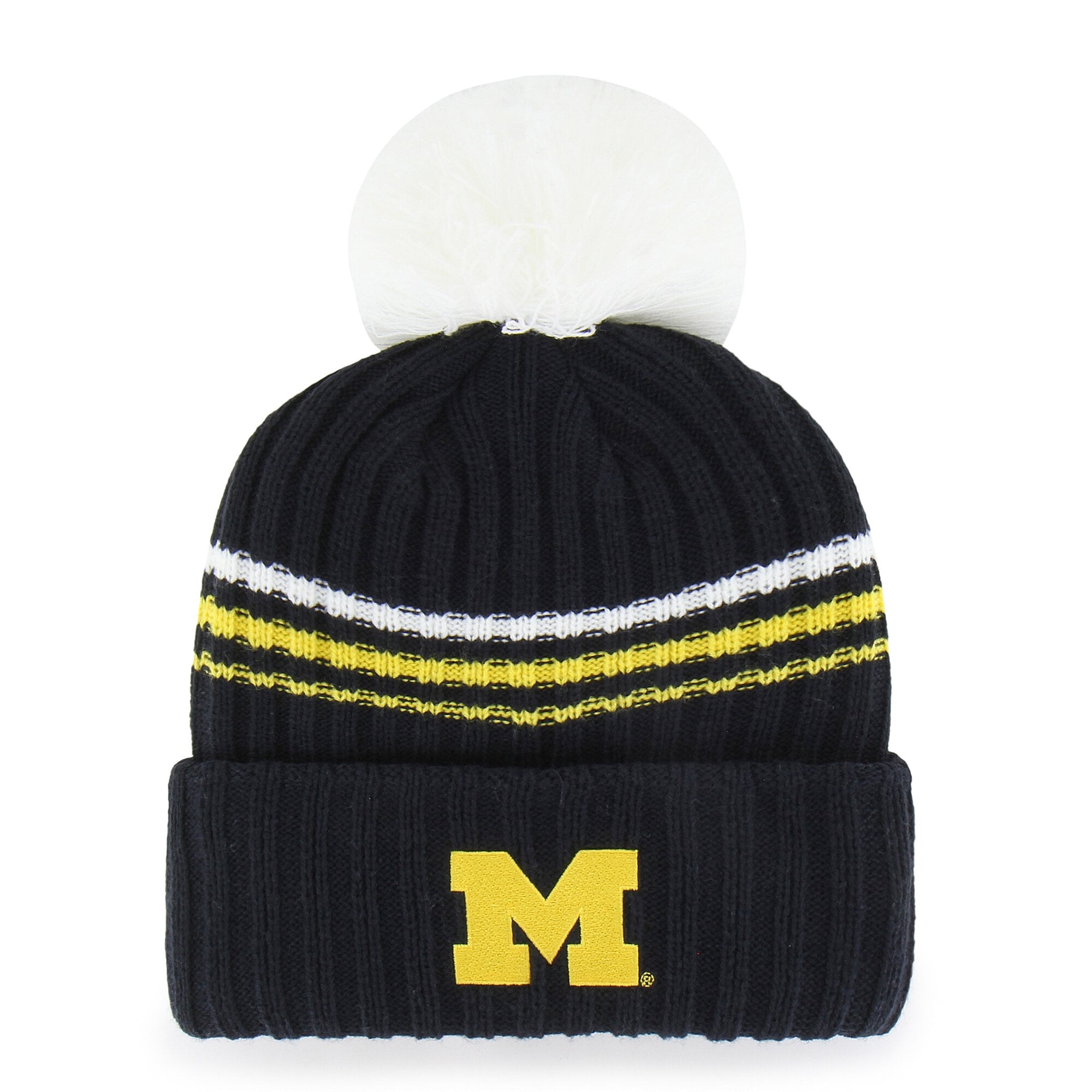 Bonnet tricoté à pompon et inscription duveteuse saisonnière « 47 » pour femme, Michigan Wolverines, bleu marine