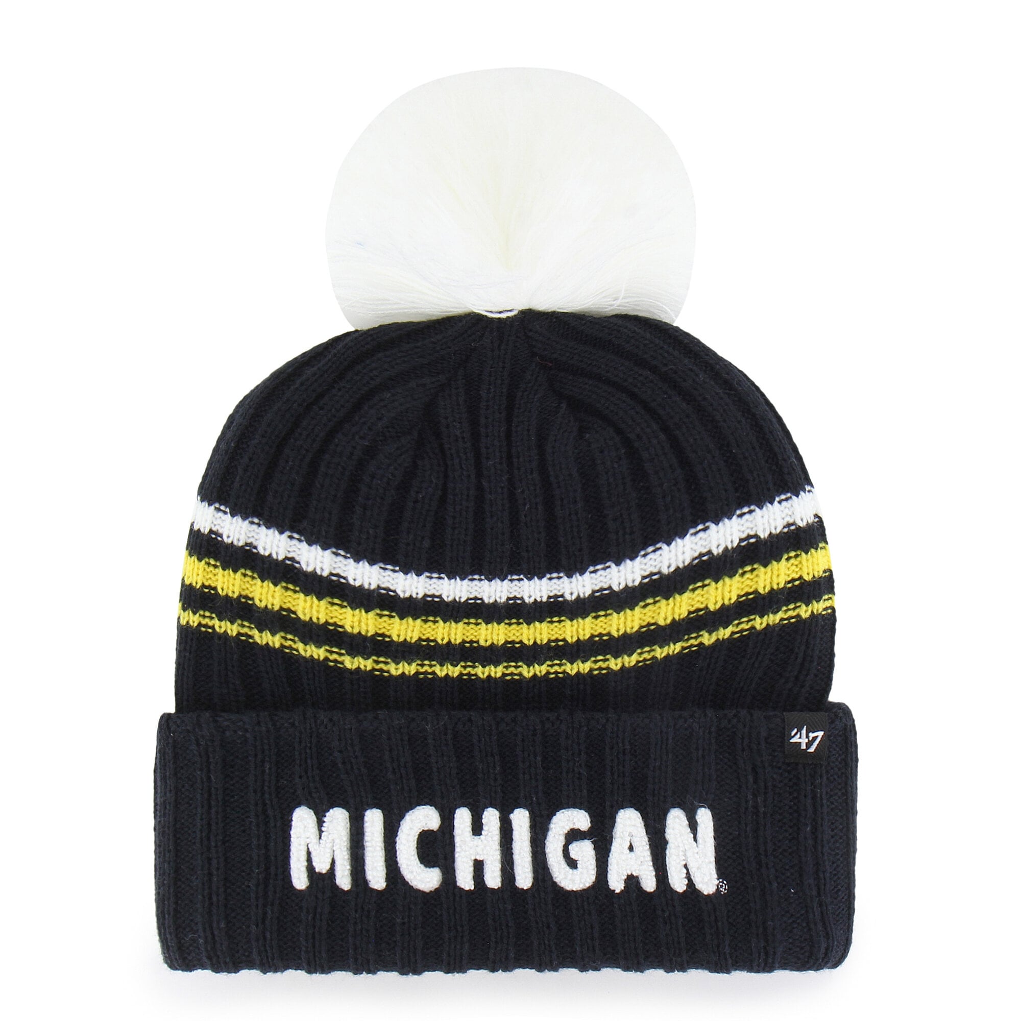 Bonnet tricoté à pompon et inscription duveteuse saisonnière « 47 » pour femme, Michigan Wolverines, bleu marine