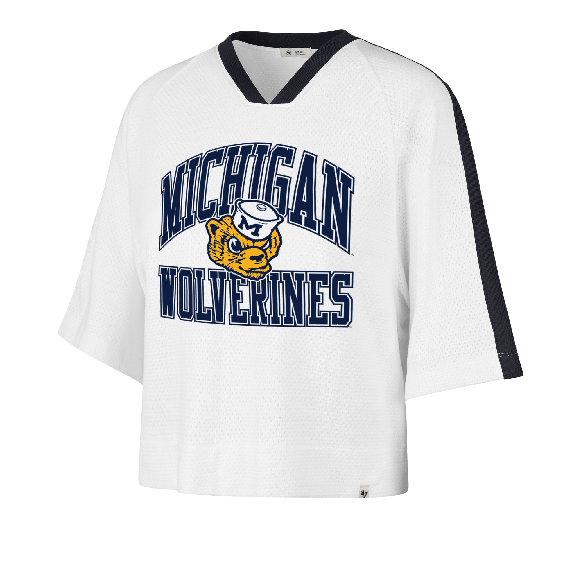 Women's '47 White Michigan Wolverines Big Overarch Drop Needle Raglan V-Neck T-Shirt