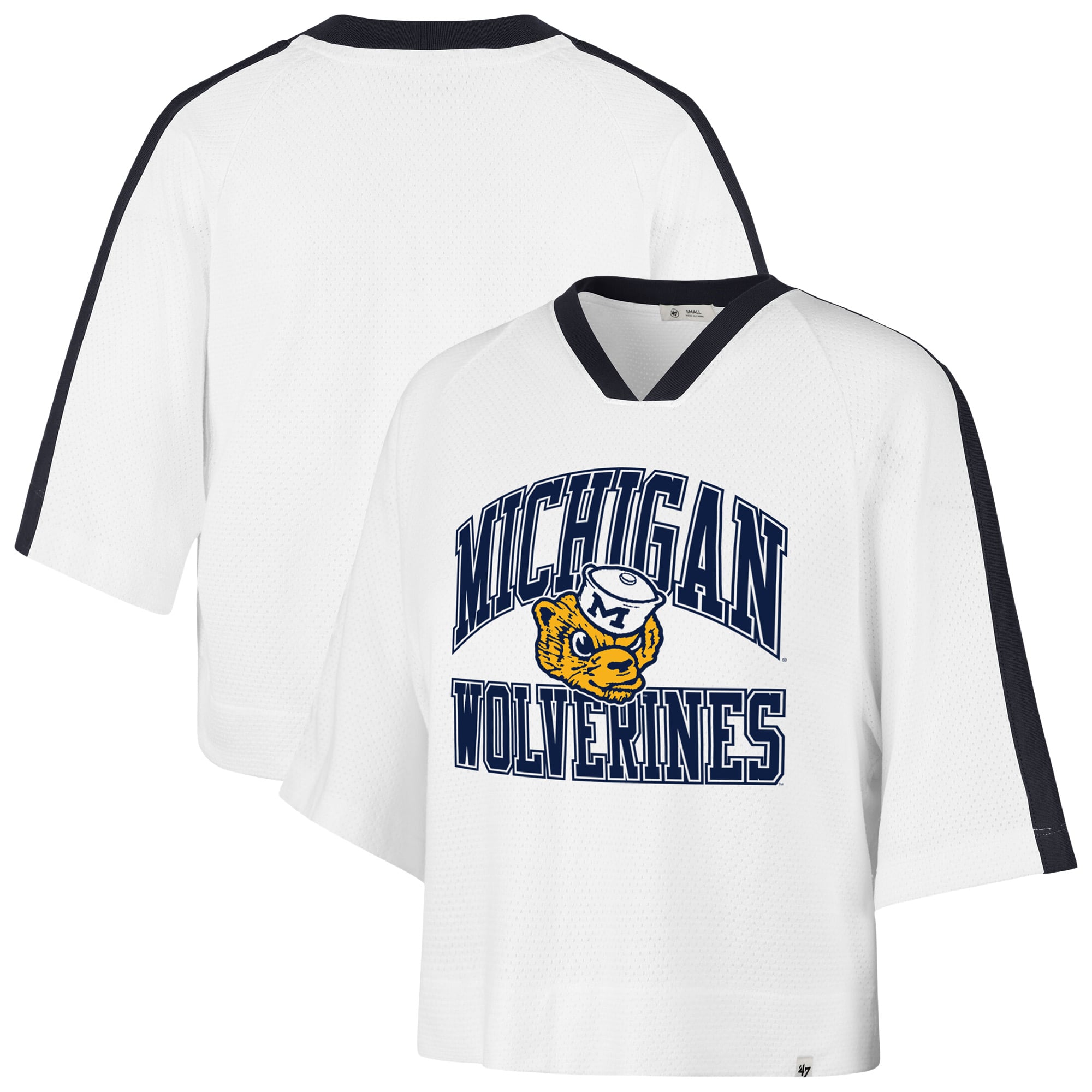 Women's '47 White Michigan Wolverines Big Overarch Drop Needle Raglan V-Neck T-Shirt